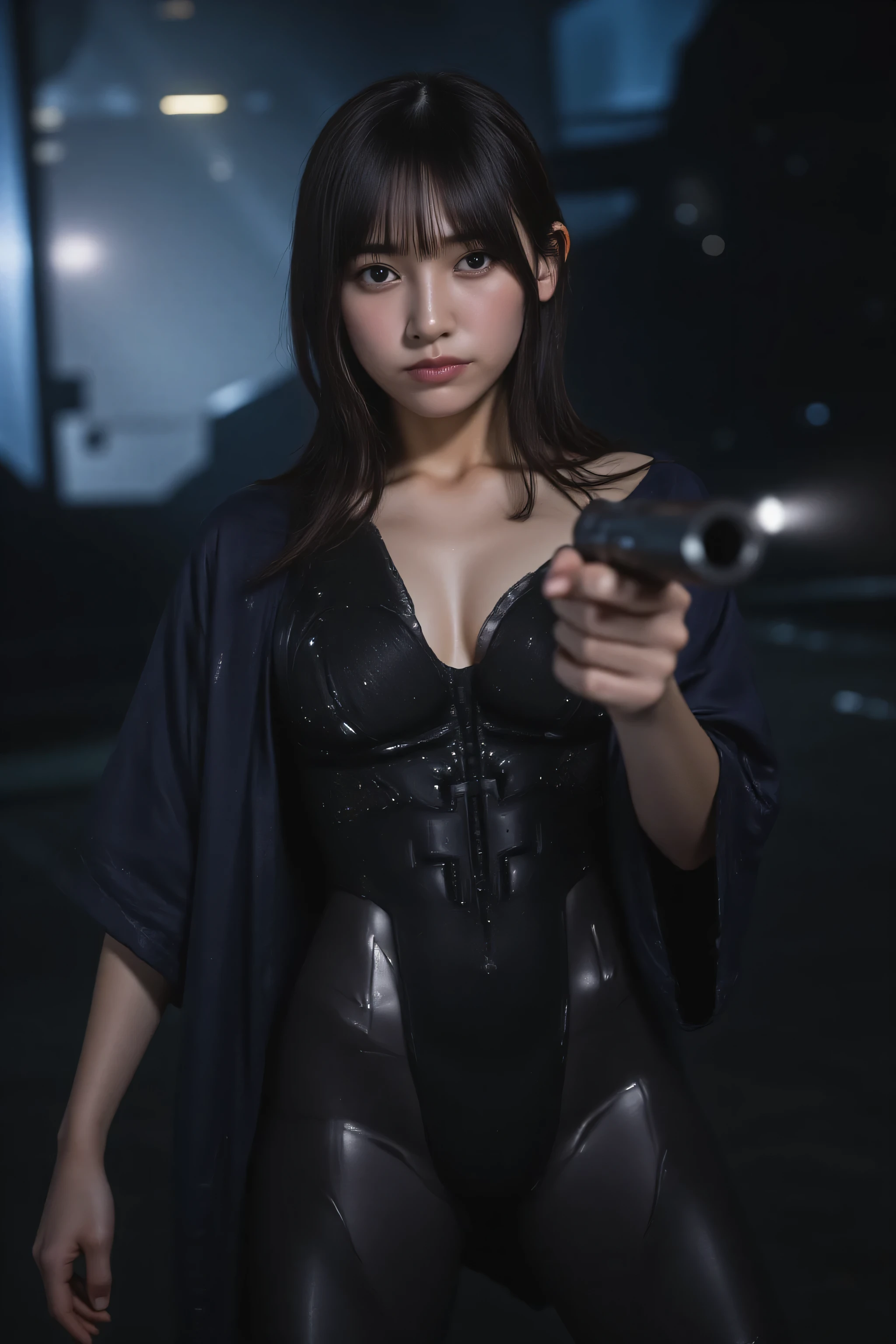 (((The pitch-dark interior of the Nostromo ship:2.0))),(((HR Gigger Style Cyberpunk Atmosphere:2.0))),(((Holds a Colt Government-style laser gun:2.0))),((pointing the muzzle at the viewer:2.0)),A woman,(cute faces getting creampied:1.5),(Beautiful well-balanced face :1.7),((long hair:2.0)),(dark haired:1.5),(beautiful eyes:1.3),Glamorous Shots of 20-Year-Old Japanese Women,Beautiful Slender Body,((model body type:2.0)),((slim body:1.7)),perfect body line,Ideal Proportions,((BIG BREASTS:2.0)),((F cup chest:1.5)),big boobs,Bare thighs,sensual thighs,delicate body,(muscular:1.7),a harmonious posture,((Realistic breast depiction :1.7)),((carefully depicts limbs based on perfect anatomy:2.0)),(((Super high-leg leotard with black armor-style dildos:2.0))),((super high leg leotard with wide open chest:2.0)),((((Black Military Jacket with Open Front:2.0))),((Tactical Holster:2.0)),(Gloves:1.3),Concept Art,(Highest Quality:1.5),(masterpiece:1.5),(超高Resolution),Resolution,UHD,(Delicate Description),carefully drawn,32k,((realistic skin texture:1.5)),(((super realistic:1.5))),carefully drawn eyelashes,highly detailed face,highly detailed female hands, Sexy appearance ,very sensual,(Blurry, dim background:1.5),professional photography,(Movie Lights:2.0),((Blade Runner Style Lighting:2.0))