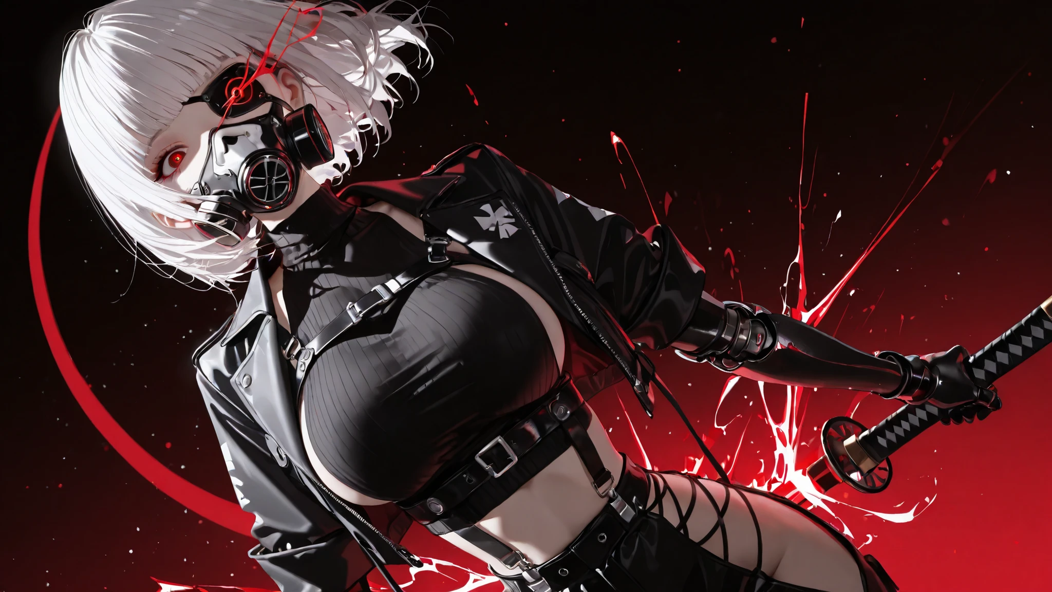 kafka02_illu, usnr, maorix, MASTERPIECE, BEST QUALITY, AMAZING QUALITY,
HIGHRES, ABSURDRES, HIGH RESOLUTION,
INTRICATE DETAILS, ULTRA DETAILED, PERFECT DETAILS,
VERY AESTHETIC, AI-ASSISTED,
(john kafka:1.3), void 0, redum4, diyokama, ( rei \(sanbonzakura\):1.1 ), ask \(askzy\), (fajyobore:0.8), fkey, putama, (eonsang:0.3), ciloranko, healthyman, gebijiade_89, mx2j, (eonsang:0.5), (monaim:0.8), (zurikishi:0.6), (ratatatat74:0.4),
(1girl, solo:1.4), red eyes, breasts, (eyepatch:1.2), white hair, short hair, collarbone, blunt bangs, mask, short sleeves, shirt, looking at viewer, katana, red background, holding katana, black shirt, sheathed, respirator, oxygen mask, skull mask, (mechanical eye, artificial eye, lens eye), glowing eye, eye trail, light particles, prosthetic arm, single mechanical arm, large breasts, sleeveless turtleneck, sleeveless, turtleneck, crop top, jacket, chest strap, Suspenders Underbust Belt, thigh cutout, revealing clothes, sideless outfit, clothing cutout, unzipped, torn clothes, midriff, upper body,
Abstract background, artistic and avant-garde background, dynamic angle, (dynamic pose:1.4),
anime flying slash, glowing slash trail, crescent moon blade, energy arc, manga action lines,
MASTERPIECE, BEST QUALITY, AMAZING QUALITY,
HIGHRES, ABSURDRES, HIGH RESOLUTION,
INTRICATE DETAILS, ULTRA DETAILED, PERFECT DETAILS,
VERY AESTHETIC, AI-ASSISTED,
