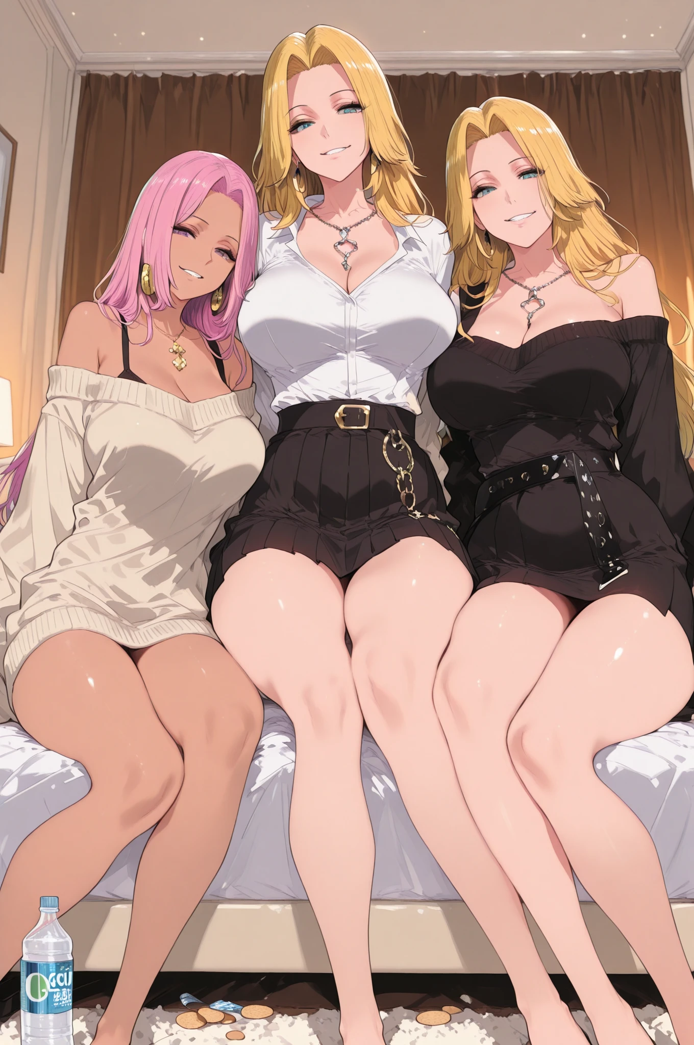 multiple thick body  females wearing rolled up turtle necks dress showing  and  hanging out with (yoga pants rolled down show detailed lace pattern panties), females standing in a line poiting and laughing at camera, grabbing  , (()) on chair