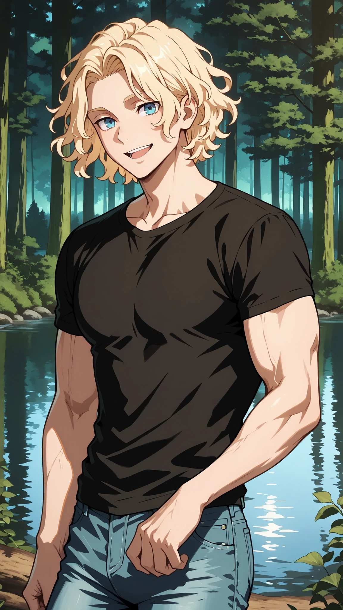 handsome guy, male, has light blonde hair, blue eyes, Solo, smile, using a black shirt, at forest, lake, denim jeans, cowboy shot, beautiful, beautiful and perfect face, muscular body, wavy hair, short hair, hair shaved on the sides, open mouth, symmetrical body