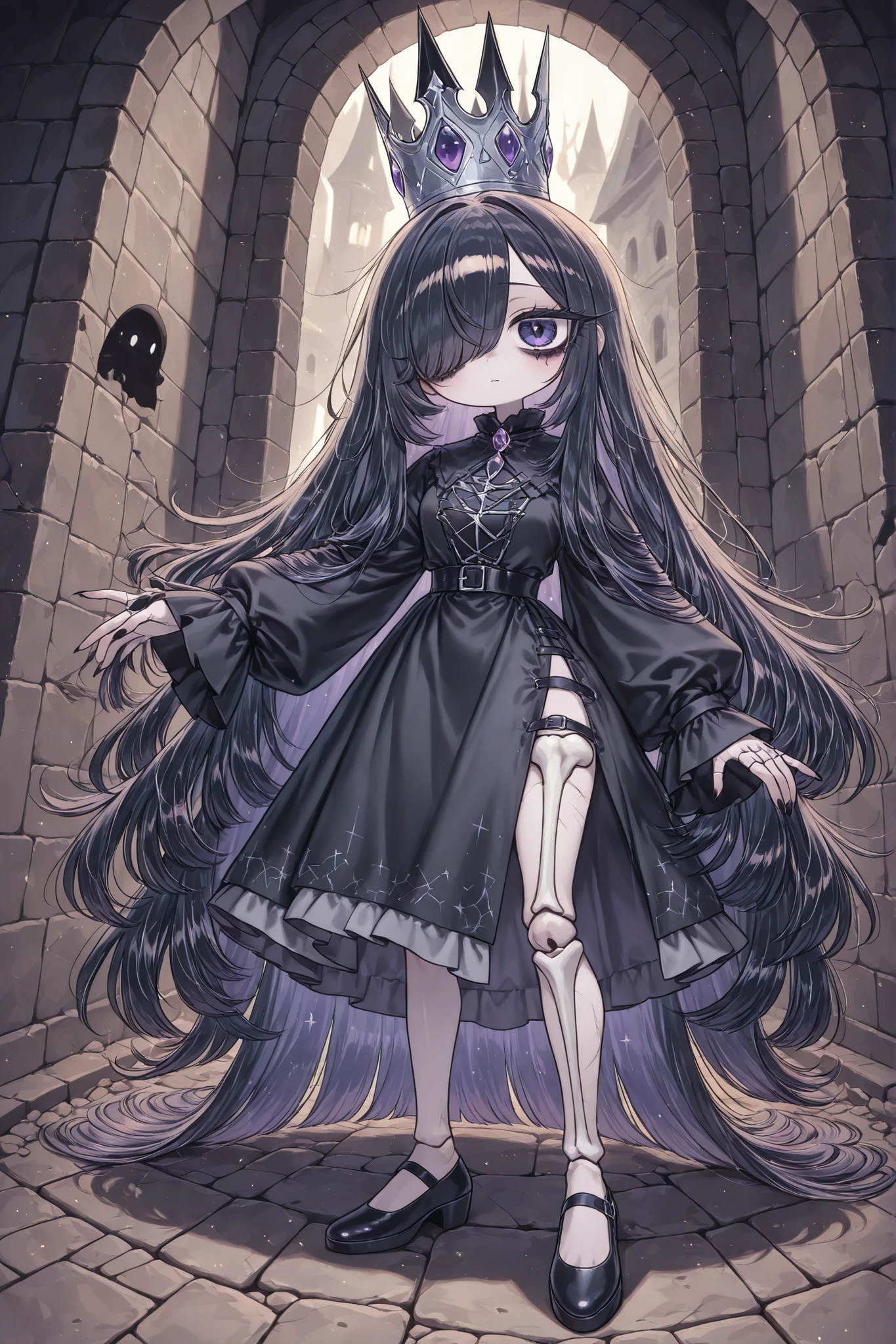 (edanoma_meu_illu,) The ghostly medival princes is a ghost.(She has a transparent skin, the silhouette of her skeletal bones can be see through.) She has a mature physique. She has ghostly pale skin and bruises under her eyes. She has tired big black-purple eyes with long eyelashes and leaking mascara. She has black very long hair with purple highlights, she has a careless long ghostly hairstyle with long hair over one eye. She has a black manicure. She is wearing a black medieval long-sleeved dress,and silver wimple. She wearing a tasseled black silver cone hat of princess. (In the background: is a room with an authentic interior of abandoned medieval castle made of cobblestone. Abandoned medival kingdom.)