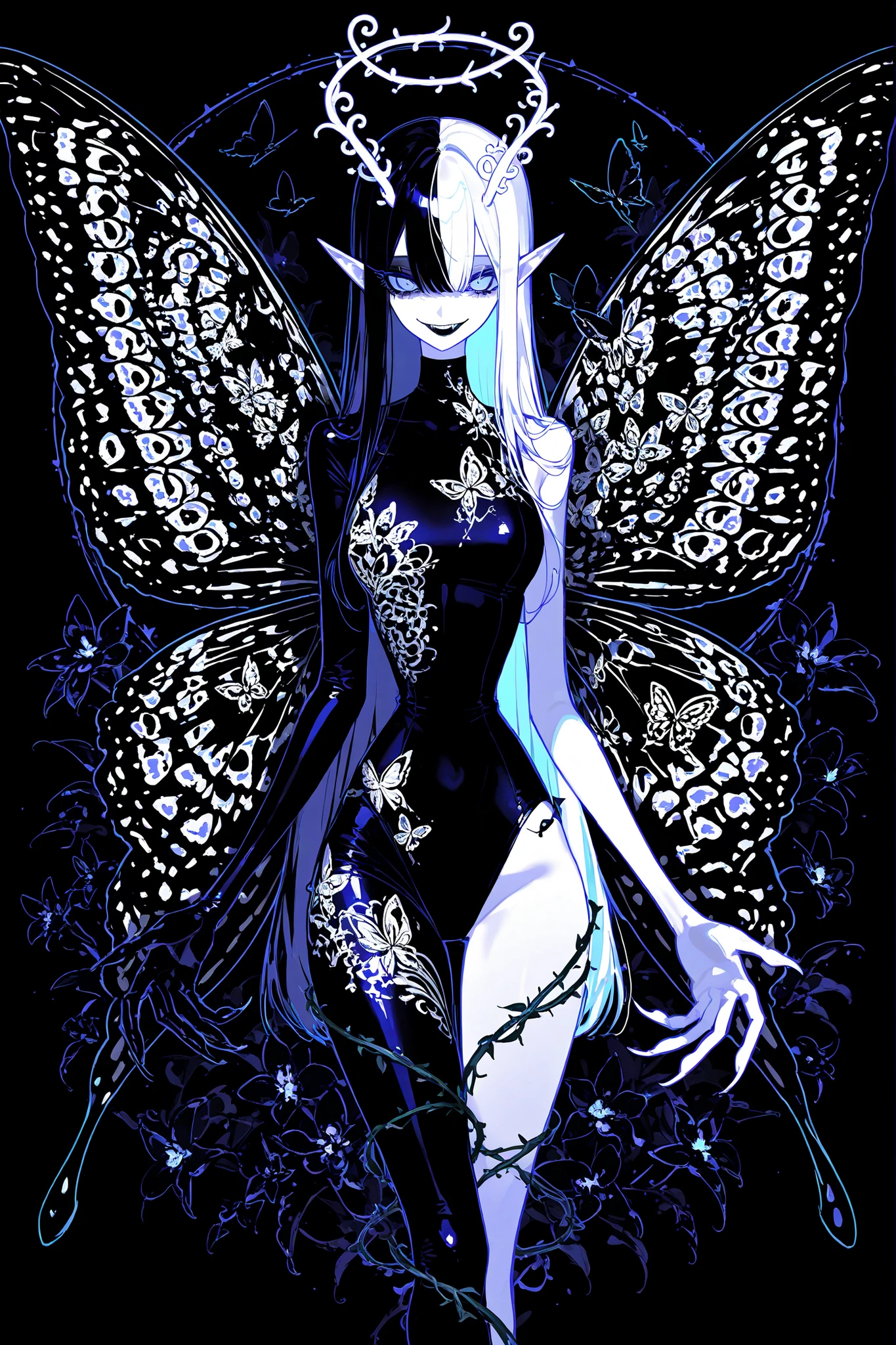(SPLIT-COLOR HAIR,MIX OF BLACK AND WHITE HAIR,xxx667_illu,Black butterfly leotard, narrow waist,butterfly print,) Dark faèrie-girl. She has an asthenic skinny  physique, she has long elegant swan neck,clawed six-fingered limbs,long pointy ears. She has huge sharp pitch black butterfly wings. She has elegant curving antennas. She has white skin and a long straight nose. She has black lipstick and sharp needle-like teeth.
She has straight longest striped hair with NO BANGS. She has royal blue eyes with Nazar symbol.  She wearing in jet-black closed skin-tight catsuit with nature embroidery and engraving of vines. (On background: twilight forest where purple-black trees are covered with bioluminescent moss , multicolored Lilly flowers and mushrooms. Black butterflies and moths are flying everywhere.)