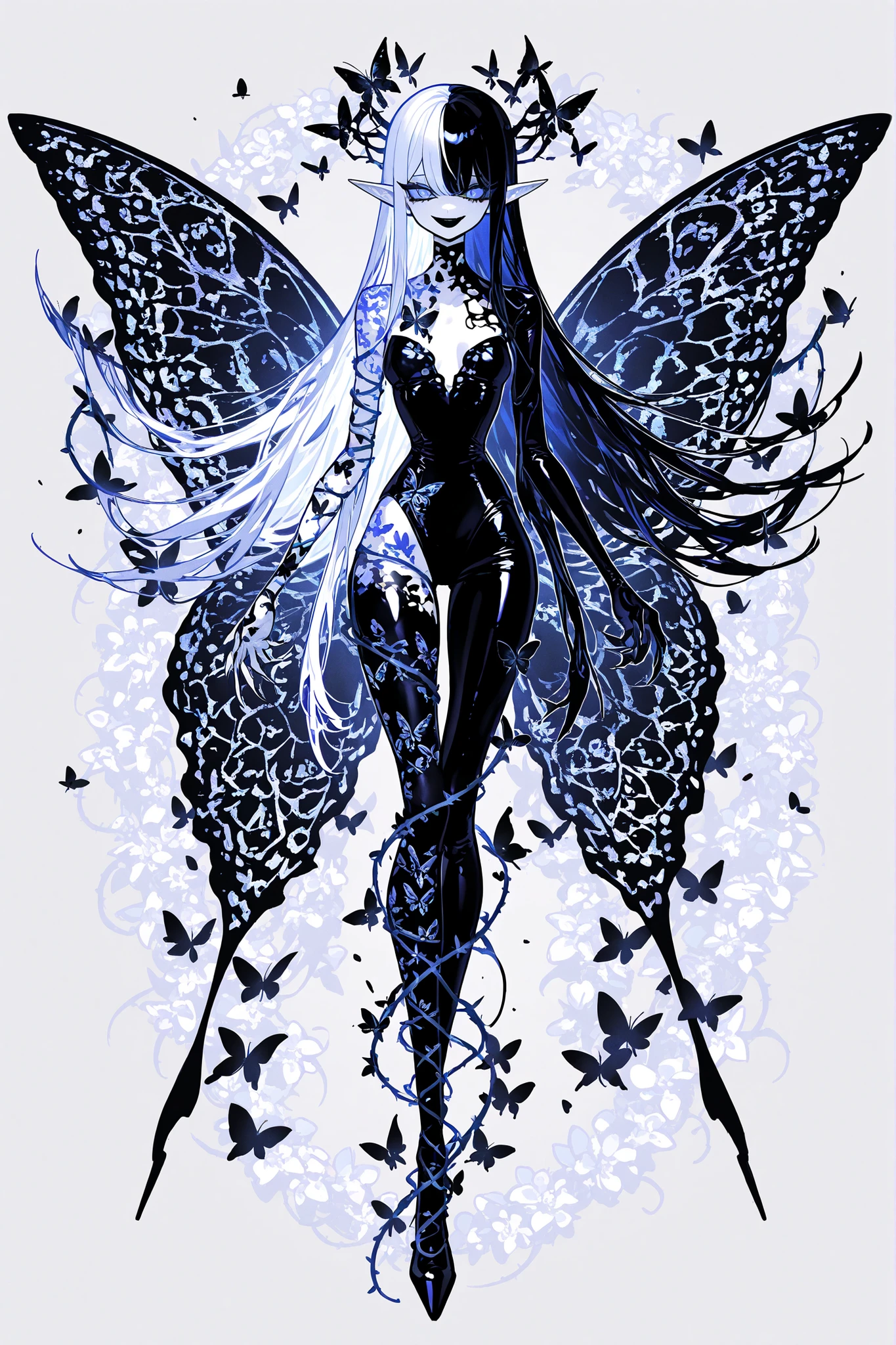 (SPLIT-COLOR HAIR,MIX OF BLACK AND WHITE HAIR,xxx667_illu,Black butterfly leotard, narrow waist,butterfly print,) Dark faèrie-girl. She has an asthenic skinny physique, she has long elegant swan neck,clawed six-fingered limbs,long pointy ears. She has huge sharp pitch black butterfly wings. She has elegant curving antennas. She has white skin and a long straight nose. She has black lipstick and sharp needle-like teeth.
She has straight longest striped hair with NO BANGS. She has royal blue eyes with Nazar symbol. She wearing in jet-black closed skin-tight catsuit with nature embroidery and engraving of vines. (On background: twilight forest where purple-black trees are covered with bioluminescent moss , multicolored Lilly flowers and mushrooms. Black butterflies and moths are flying everywhere.)
