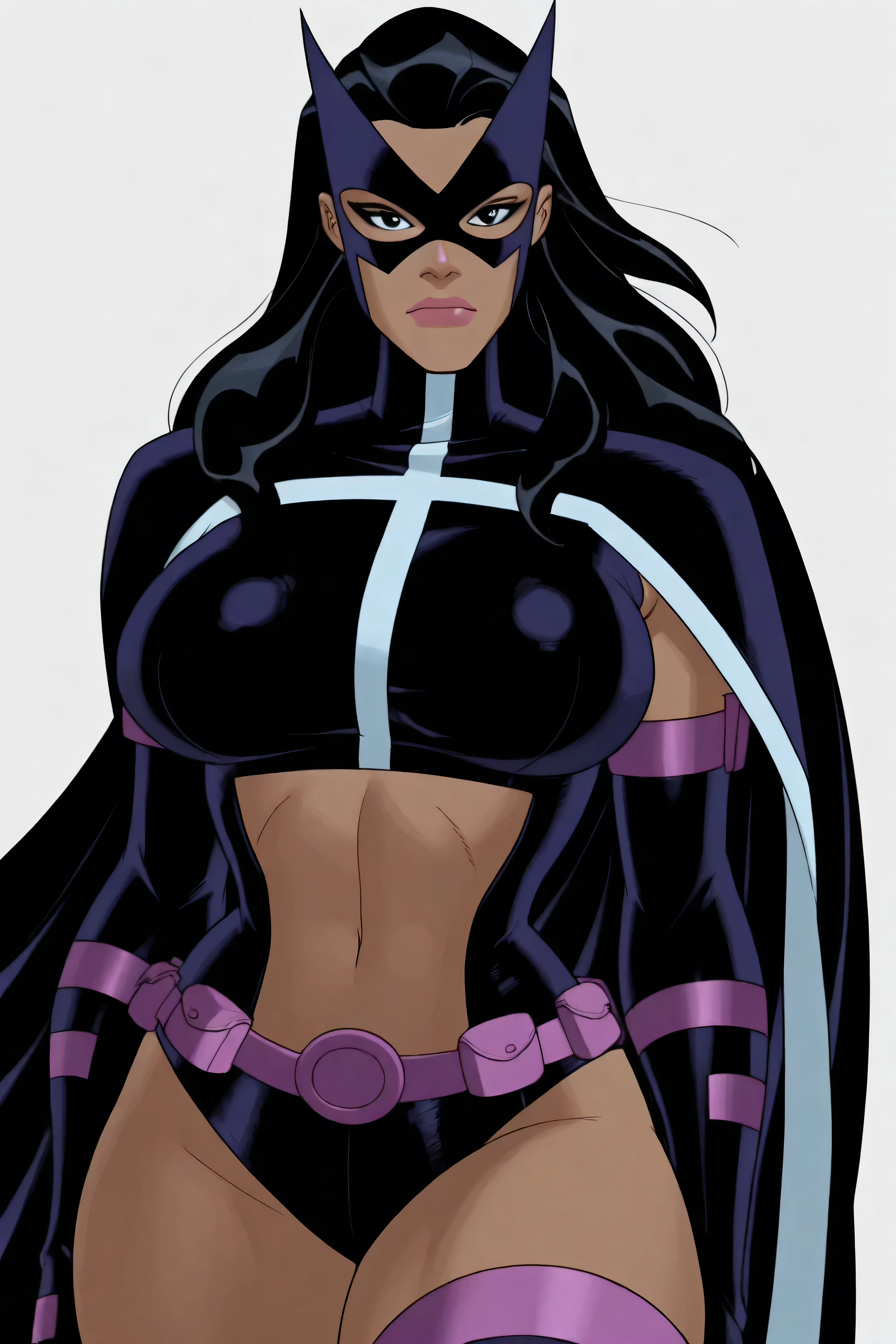 masterpiece, amazing quality, best quality, ultra-detailed, 1girl, Frank Cho Art style, Frank Cho Artstyle, 1girl, solo, long hair, looking at viewer, black hair, gloves, black eyes, dark skin, cape, mask, colored skin, dark-skinned female, colored sclera, black cape,huntr3ssx, huge breasts, full lips, perfect thighs, white background, cowboy shot, standing, facing viewer, close up, perfect face, solo, closed mouth, full perfect lips, solo, solo, background close up, 