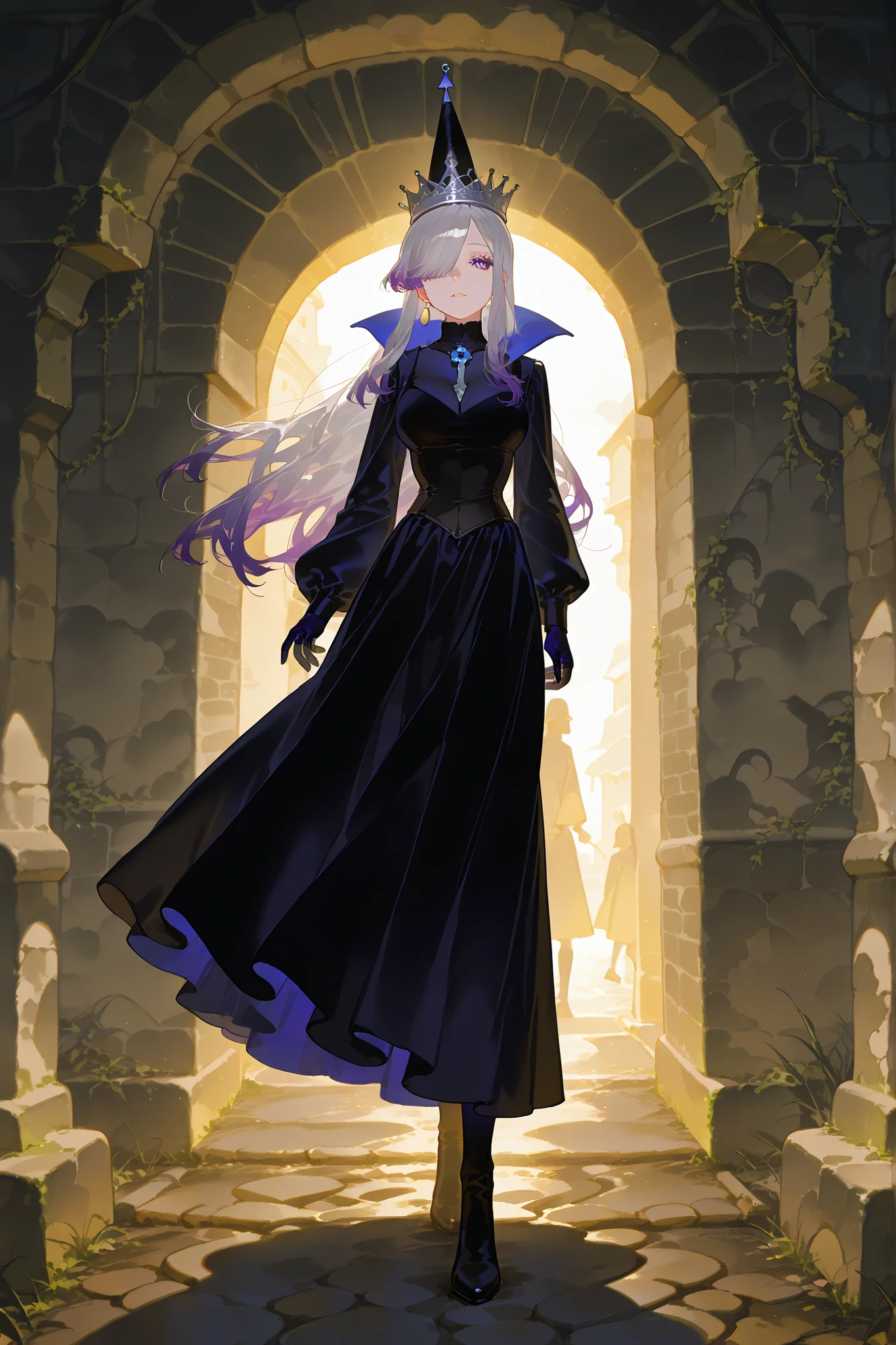 (1girl,qu33n gr1mh,) The ghostly medival princes is a ghost.(She has a transparent skin, the silhouette of her skeletal bones can be see through.) She has a mature physique. She has ghostly pale skin and bruises under her eyes. She has tired big black-purple eyes with long eyelashes and leaking mascara. She has black very long hair with purple highlights, she has a careless long ghostly hairstyle with long hair over one eye. She has a black manicure. She is wearing a black medieval long-sleeved dress,and silver wimple. She wearing a tasseled black silver cone hat of princess. (In the background: is a room with an authentic interior of abandoned medieval castle made of cobblestone. Abandoned medival kingdom.)