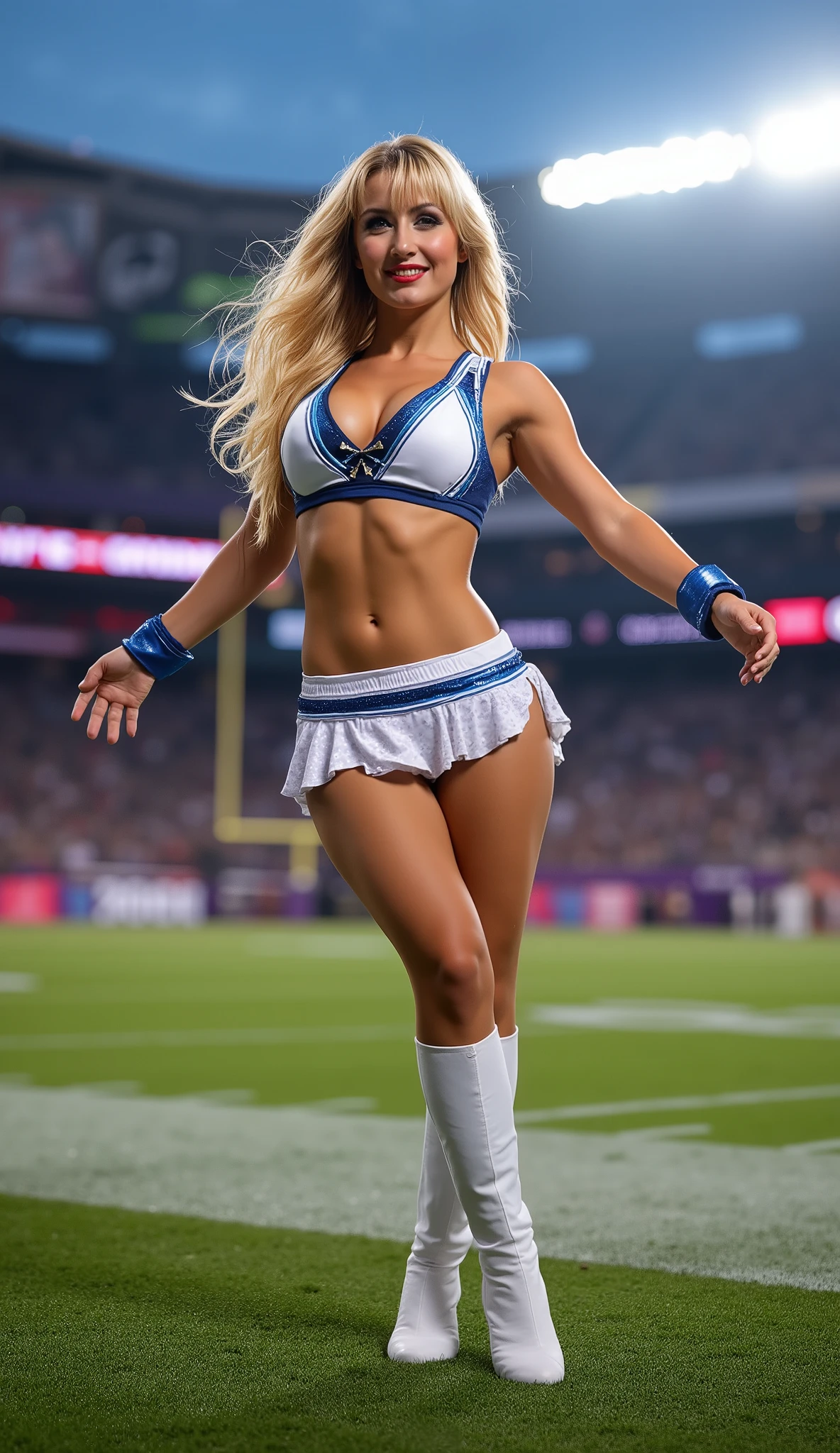 A strong beautiful woman, American football cheerleader, dancing in a stadium, she is wearing two pieces tight skirt cheerleader costume, nylon shiny white and blue, pantyhose, white long boots, American woman with long blonde hair, bang, photorealistic, hyperrealism, whole body from head to feet are visible,