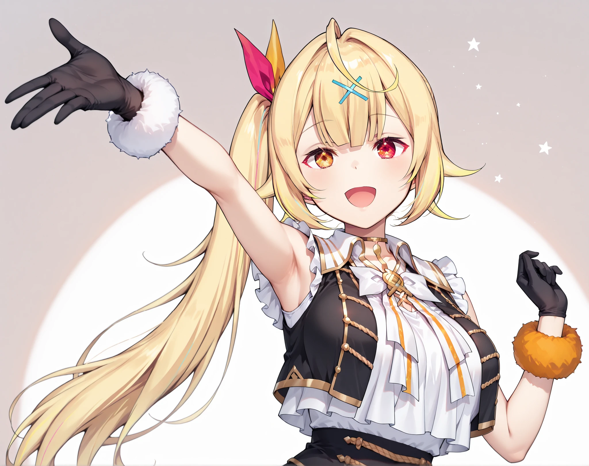 nijisaracos,white shirt,frills shirt,shirt overhang,sleeveless,black vest,crop top vest,open vest,aiguillette,gold trim,white bow,yellow brooch,fur-trimmed gloves,((large White Fur Cuffs)),nijisara,large breasts,heterochromia,red eye,yellow eye,blonde hair,long hair,side ponytail,ahoge,hair ribbon,x hair ornament,Hoshikawa_Sara ,detailed hands ,anatomically correct hands ,accurate hands,white background