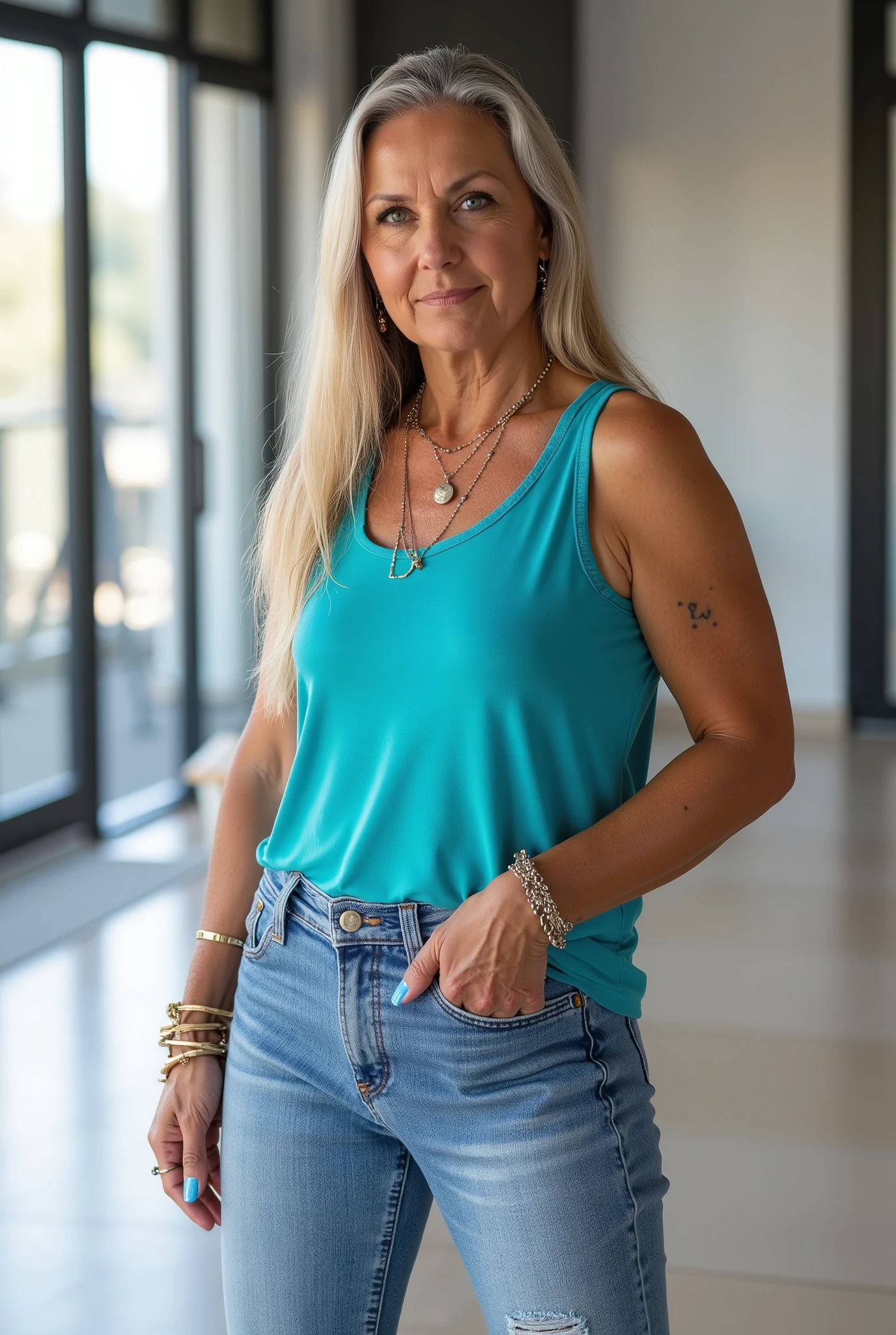Ultra-realistic full-body portrait of a mature European woman in her late 50s, standing confidently in a bright modern loft with wide glass windows and soft natural daylight. She has a naturally mature, slightly more curvy and stout body — soft, full curves around the hips, thighs, waist, and upper arms, with realistic proportions typical for her age. Her posture is dynamic and poised, with a subtle twist of her torso toward the camera, one leg slightly forward, and one hand resting lightly at her hip while the other arm falls naturally at her side, creating an elegant S-curve that emphasizes her curves. The slightly low three-quarter angle adds depth and highlights her hips and thighs, while drawing attention to the fit of her light-washed jeans. Her straight, pin-straight side-parted long blonde hair falls just past her shoulders with visible grey strands. She wears a turquoise sleeveless tank top tucked into her jeans, showing small tasteful tattoos on her arms. Subtle, stylish makeup with eyeliner, mascara, and glossy lipstick emphasizes her eyes and lips. She accessorizes with multiple bracelets, layered necklaces, several rings, and long fingernails neatly manicured and painted glossy blue. Her expression is stern, serious, and commanding, with a focused, authoritative gaze. The scene has cinematic clarity, realistic depth of field, soft natural lighting, and professional daylight color grading, highlighting natural textures, her curvy silhouette, and creating a more intriguing, dynamic composition.