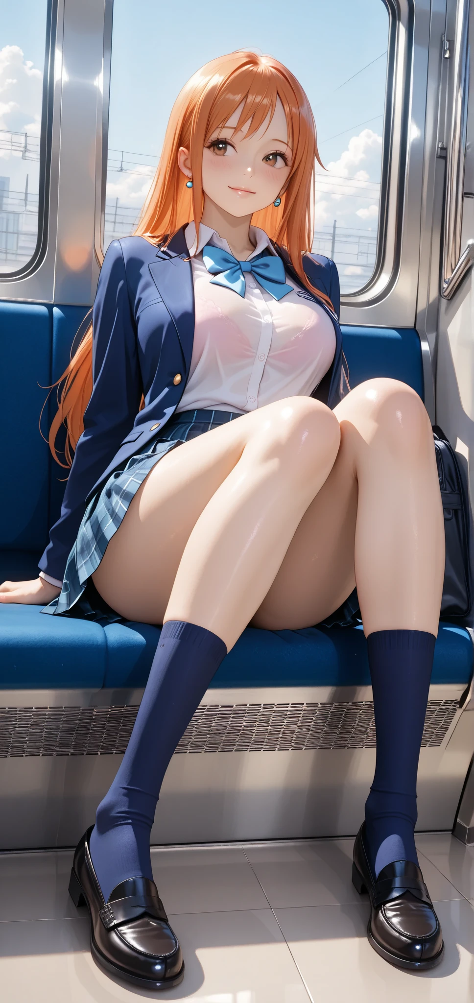 (masterpiece, highest quality, ultra high res, ultra detailed:1.3), 1 cute girl, ideal ratio body proportions, pink medium hair, sitting on long chair, in train, outstretched legs, (white panties visible:1.4),  uniform, blue pleated mini skirt, on the train, clothes covered , front view, 