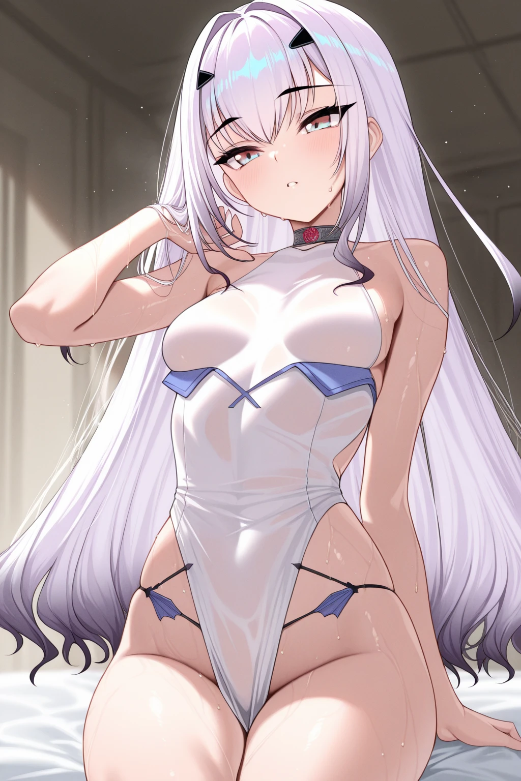 top-quality、Full limbs、(photorealistic:1.2)、complete fingers、1 beautiful woman、beautiful detailed eyes、super detailed skin、sweat、oil、Slender beauty、straight haired、blown hair、french braid、blunt bangs、head tilt、((white Nurse bikini、covered erectile nipples、very skinny))、cleavage、white nurse hat、White pantyhose、hospitals、Hospital Room、on Patient bed、(stethoscope)、((((vulgarity))))、(small breasts、nipples pointing up:1.5),( Kotone Sasaki:1.7)