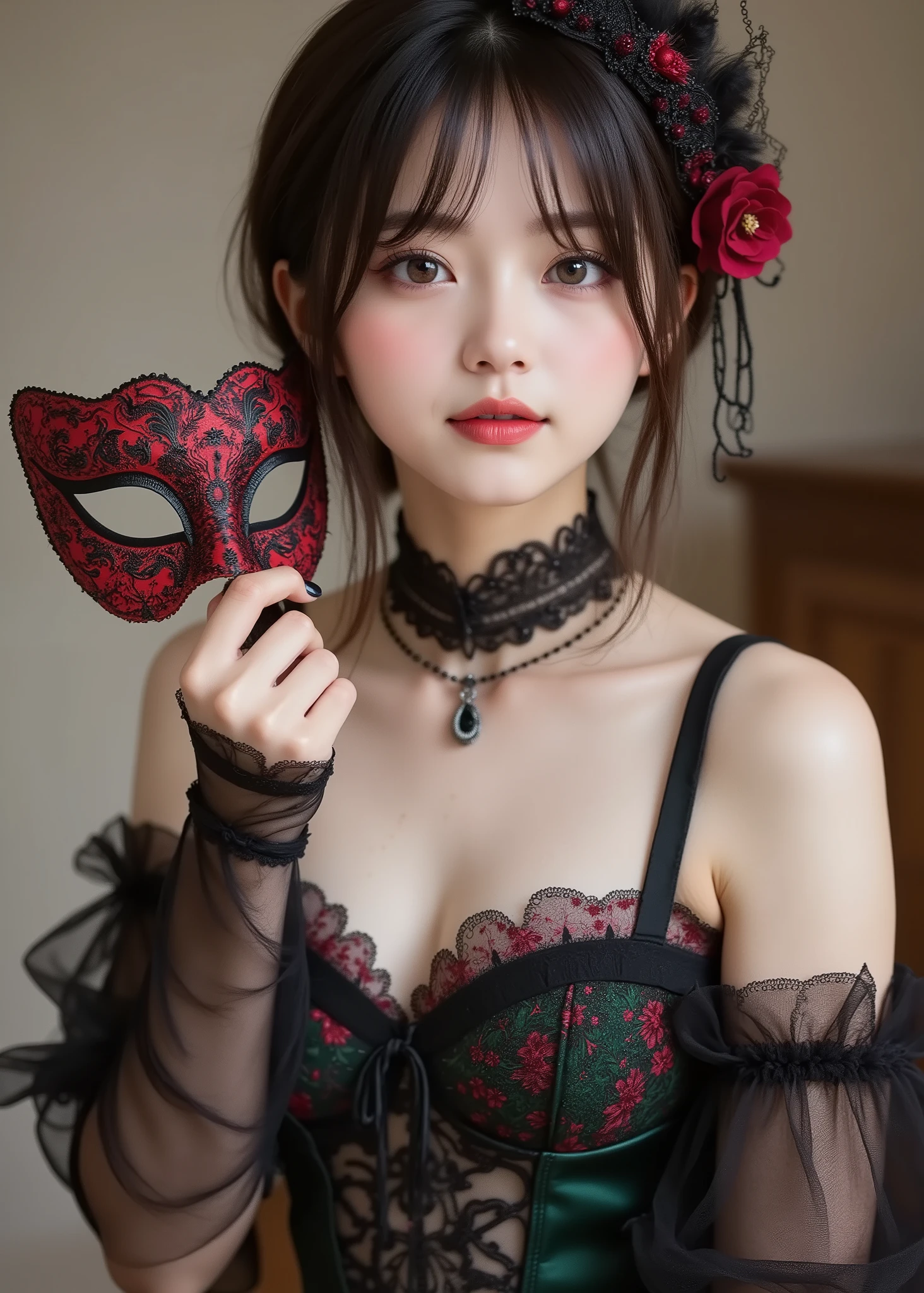 cute slim girl , Removing a Venetian Mask, Holding a Mask in Her Hand、Smile Yan、Black, Red, and Dark Green Gothic Dress、white, smooth skin、small breasts、Woman's Curvy body、(Full body photo、Mahiru Full Body Shot、body)、High Quality、16k
