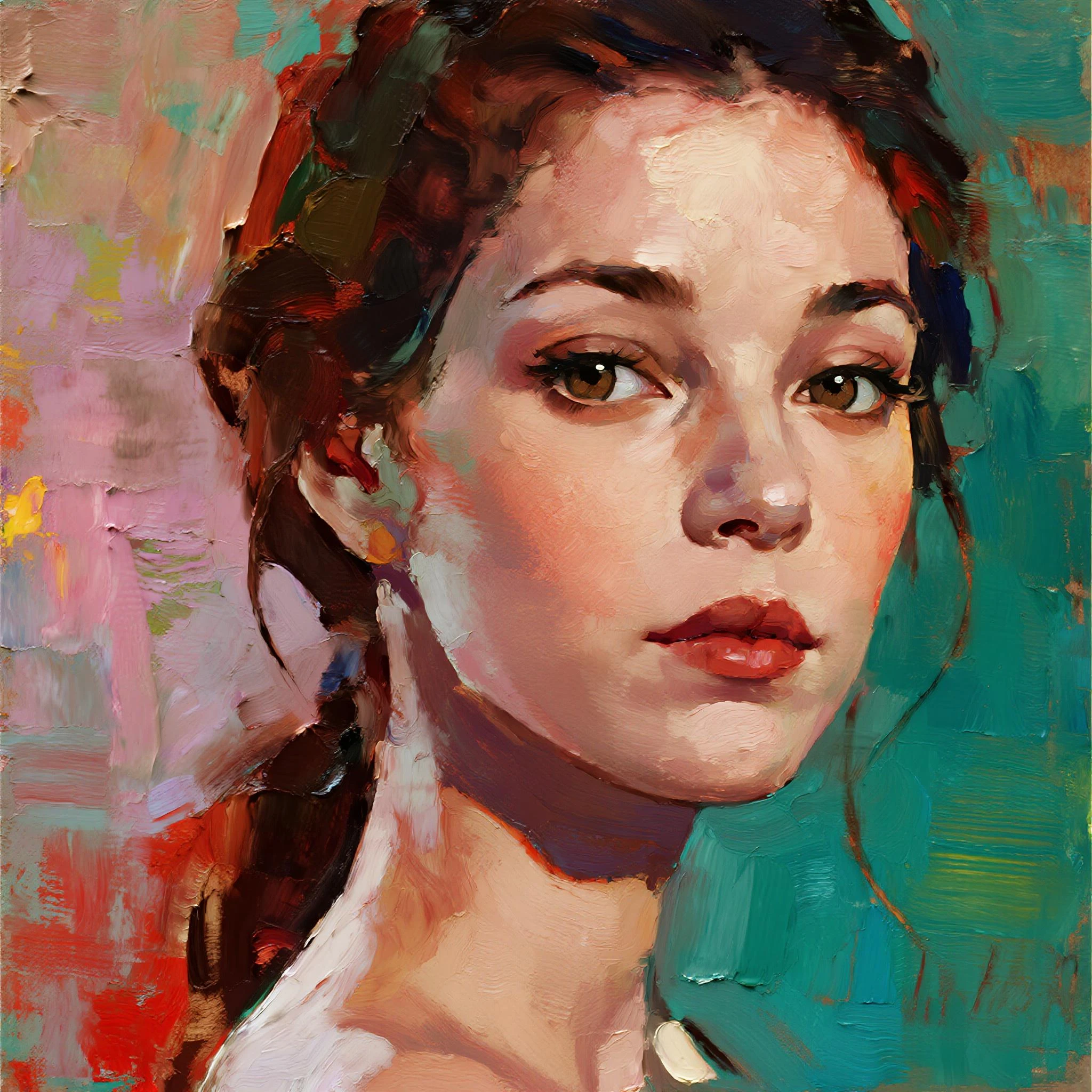 Portrait d'une jeune femme, belle,((( Attractive ))),(melancholic), Renoir, dinamic lighting, ArtStation, poster, Volumetric backlight, high detail face, 4 mille., Awarded,, 1fille, Dans le noir, Discret,((( cheveux courts))), (((cheveux noirs)))