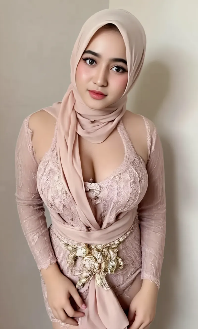 (Masterpiece: 1.2, Best Quality), Realistic, (Realistic Picture, Complex Details, Depth of Field), Best Quality, Masterpiece, Highly Detailed, Realistic, 1 adult girl, indonesian wife, 23 Years Old, , chest forward, huge breasts, thin lips, beautiful and seductive, sexy body, wearing a Muslim hijab, wearing kebaya, full body view, look at viewer, full photo, thin round circle glasess, sitting at the banquet, indonesian wedding, wedding venue background, indonesian