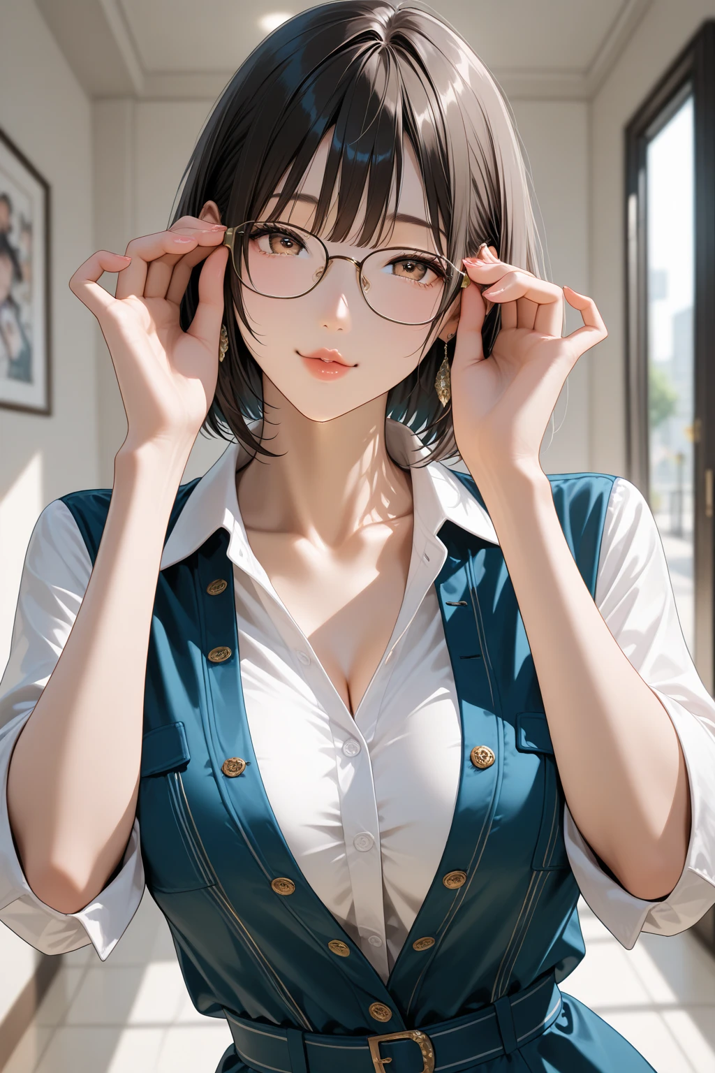 1 Female,Face and body facing forward,wariza,hand between legs,press breasts together,from the front,Ultra-realistic as a photo,highest quality,8k, Ultra-high resolution,RAW Photos,well-proportioned body,Beauty,Small and beautiful breasts,Focus on face and chest,POV,Sexy silk bra,Tight jeans,Sharpness,Glasses,High angle,eunji,