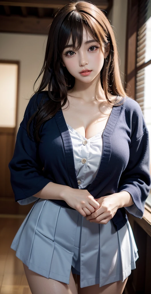 top-quality、Top image quality、​masterpiece、fully body photo、25 years old women, governess、Dark brown wavy middle hair、bangss、((Long sleeve white knit、Dark blue flared skirt、Stockings))、 ((no-bra、Visible))、Sexy light blue panties、soft boob、Large breasts、high-heels、 cute smile face、stairs at school、Sit on the stairs with your legs open、((I can see all my panties、Rub your  with both hands、Touching the ))