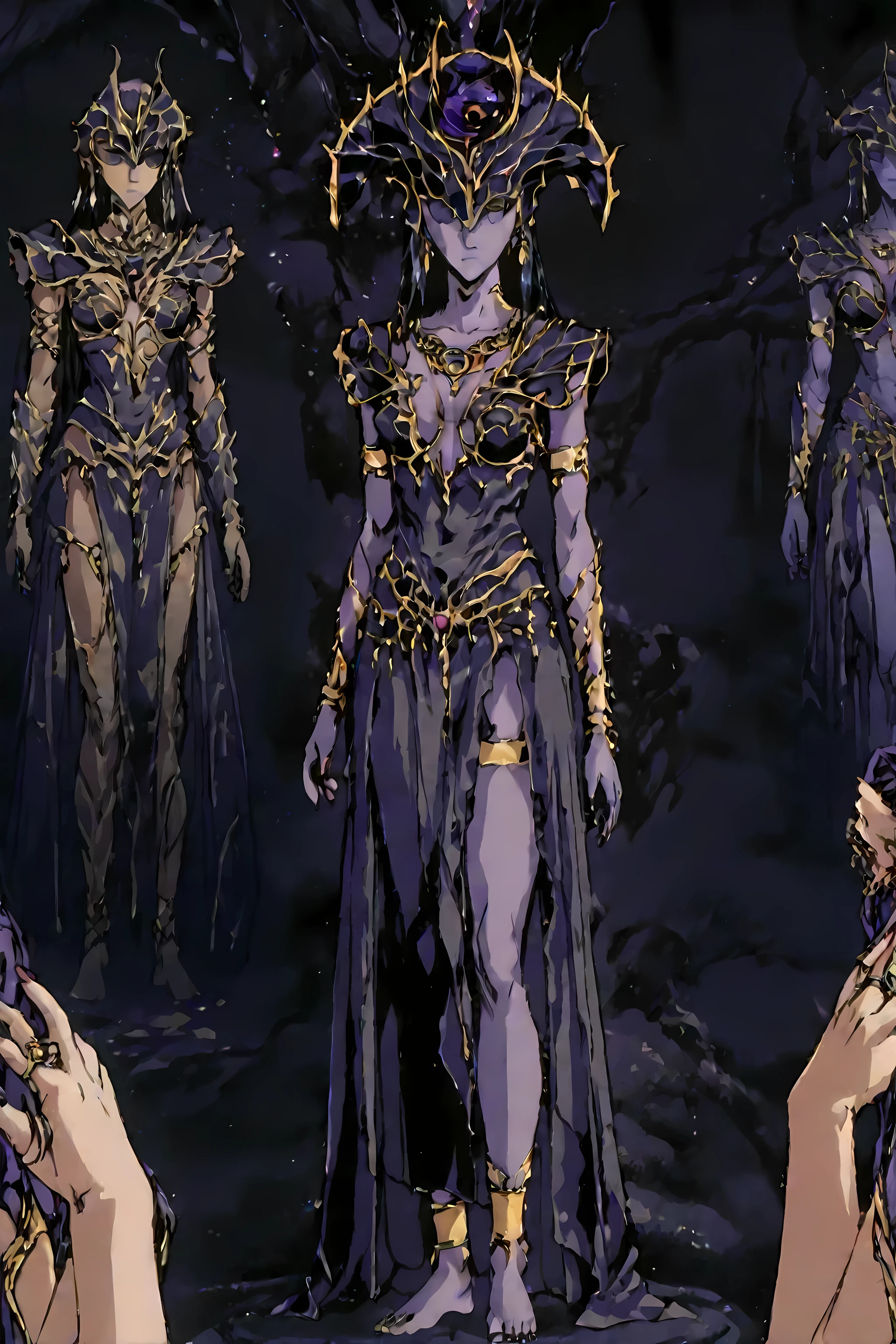 score_9, score_8_up, score_7_up, score_6_up, score_5_up, score_4_up, masterpiece, highres, absurdres, newest, best quality, rolstyle, 1woman, adult woman, 30years old, female focus, fantasy anime 1990s style, long black hair, Helmet, eyes covered, shar, helmet, shar \(baldurs gate\), goddes shar, colored skin, light-purple skin, eyes covered by the helmet, dark-purple dress with golden details, dark-purple nails, purple cloak, medium breast, breast apart, bare arms, emotionless, serius expression, looking at the viewer, walking from the darkness of shadows in to a dream-like space, solo focus, no other people, complete figure, perfect anathomy, goddess, darkness theme, barefoot, perfect feet, legs, bare feet, perfect anathomy, crown, jewelry, earrings, dark, darkness, dark background,