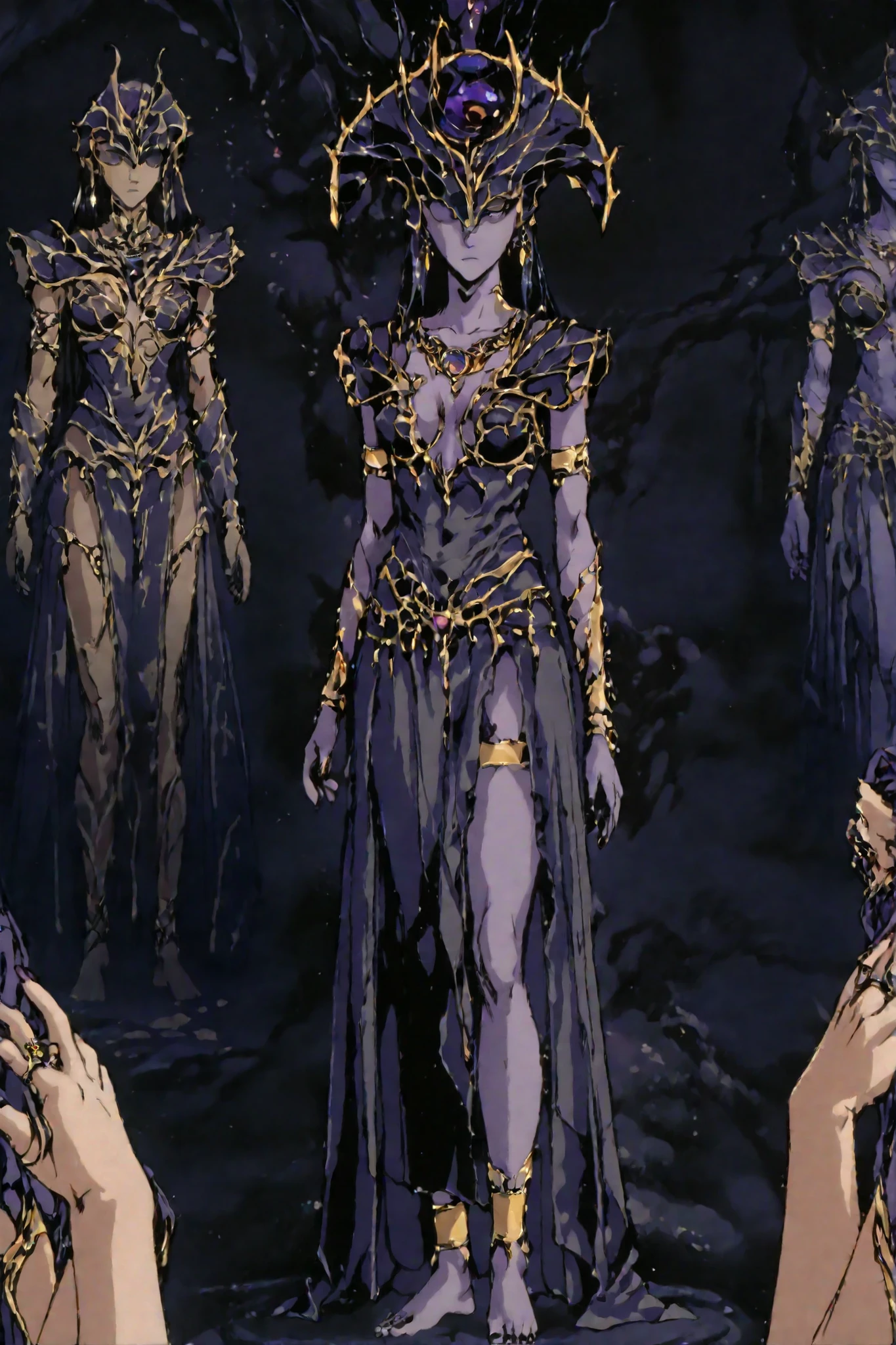 score_9, score_8_up, score_7_up, score_6_up, score_5_up, score_4_up, masterpiece, highres, absurdres, newest, best quality, rolstyle, 1woman, adult woman, 30years old, female focus, fantasy anime 1990s style, long black hair, Helmet, eyes covered, shar, helmet, shar \(baldurs gate\), goddes shar, colored skin, light-purple skin, eyes covered by the helmet, dark-purple dress with golden details, dark-purple nails, purple cloak, medium breast, breast apart, bare arms, emotionless, serius expression, looking at the viewer, walking from the darkness of shadows in to a dream-like space, solo focus, no other people, complete figure, perfect anathomy, goddess, darkness theme, barefoot, perfect feet, legs, bare feet, perfect anathomy, crown, jewelry, earrings, dark, darkness, dark background,