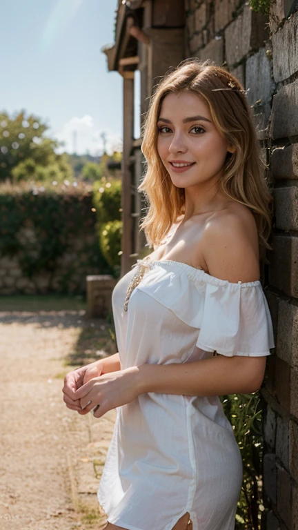 1girl 16 year old, solo, long hair, , looking at viewer, blonde hair, jewelry, full body, necklace, off shoulder, lips, realistic, nose, with camera, , realistic, high detail, 4k photo, high detail,, perfect , perfect symmetry, soft lights, walking in a park, high details, photo quality, super real, summer dress