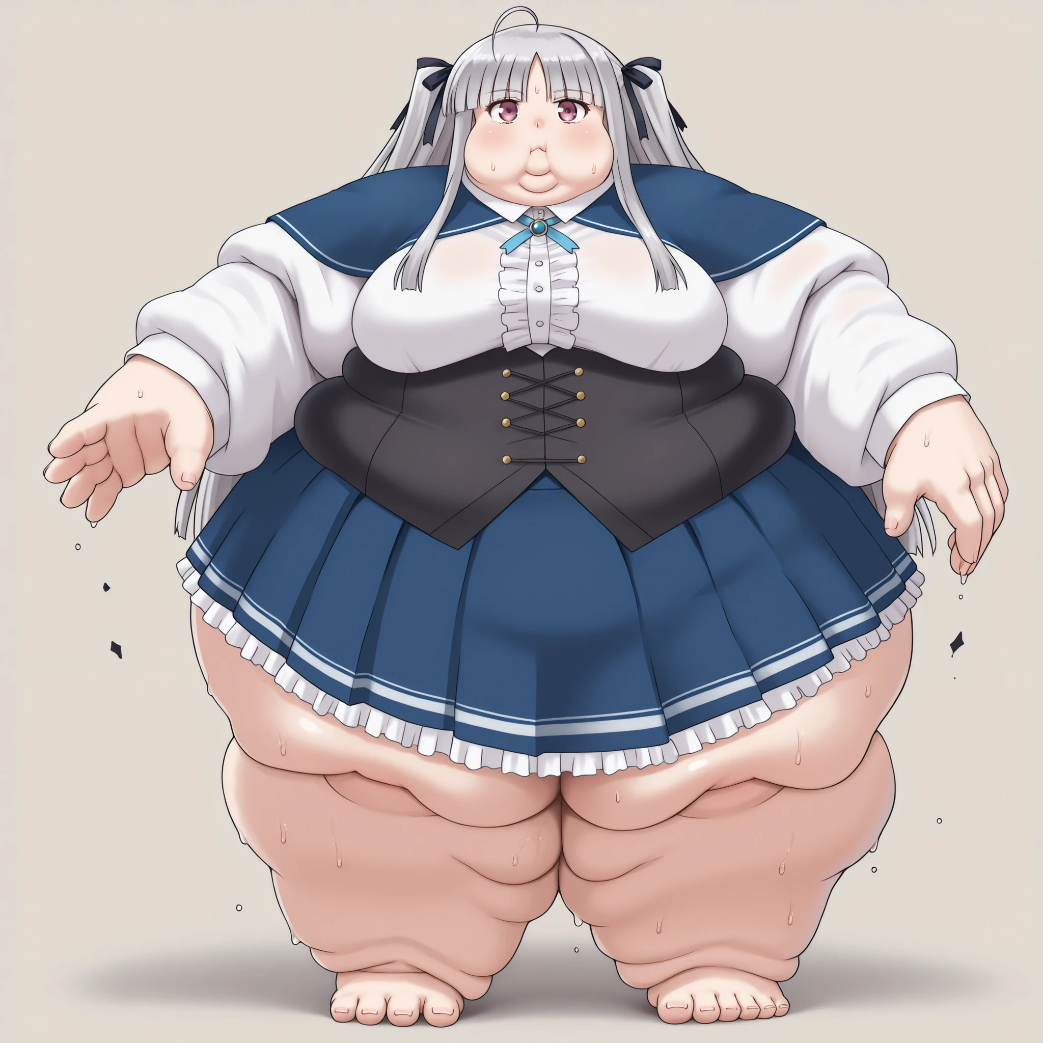 Julie Sigtuna,ahoge,very long hair,grey hair,black hair ribbon,two side up,sidelocks,blunt bangs,fuchsia eyes,blue capelet,neck ribbon,blue ribbon,white shirt,center frills,long sleeves,black corset,buttons,blue skirt,pleated skirt,frills, blank_stare, empty_stare,  fat, chubby, obese, gigantic arms and legs, large breasts, sweating, wet body, swollen face, Fat_neck , Fat head , eyes with crushed cheeks , nose with crushed cheeks , mouth with crushed cheeks , chin roll,
only head, large head, oversized limbs, large hands, large feet, oversized feet, oversized fingers, big lips, plump lips, fat face, fupa, big fupa, fat fupa, 