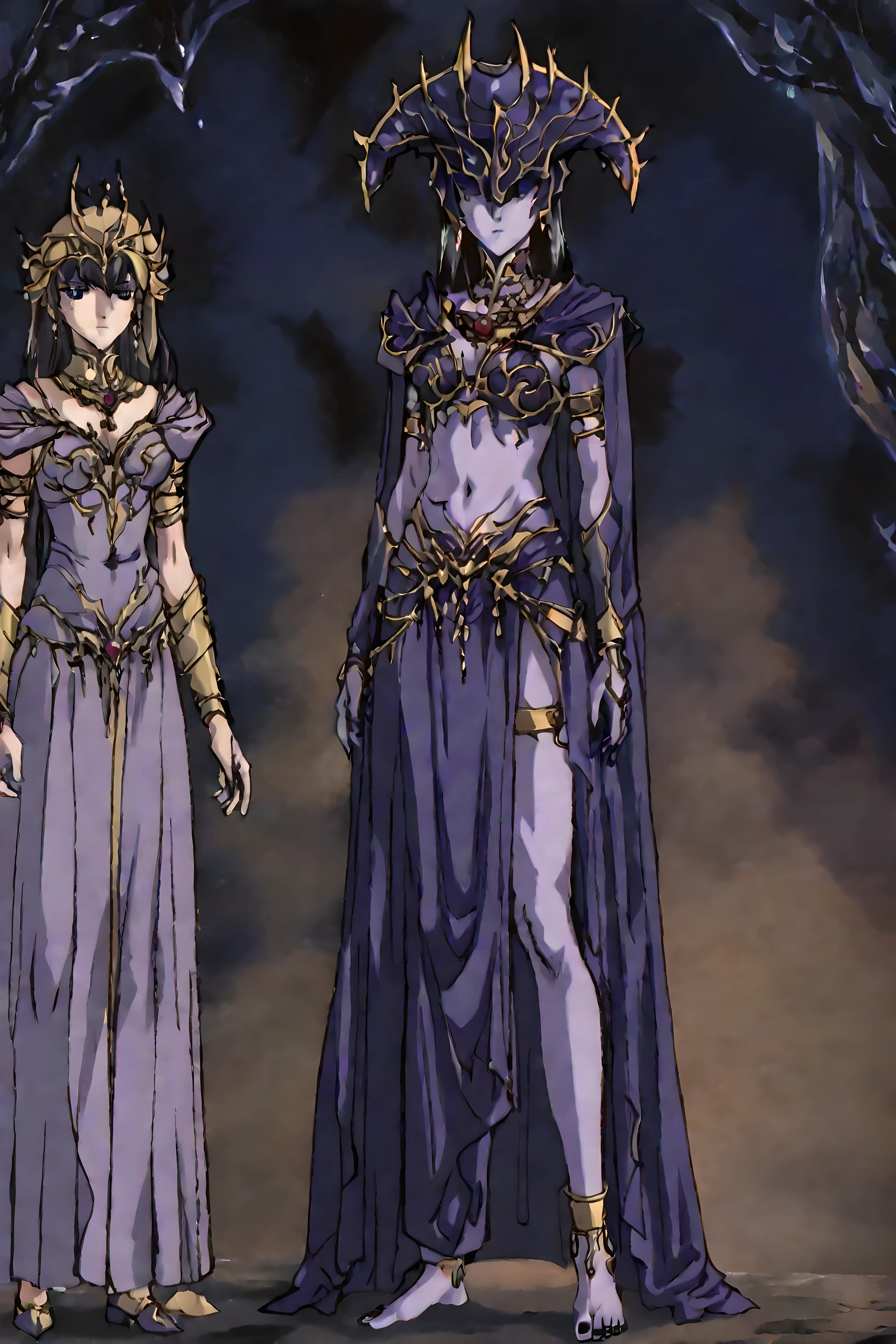 score_9, score_8_up, score_7_up, score_6_up, score_5_up, score_4_up, masterpiece, highres, absurdres, newest, best quality, rolstyle, 1woman, adult woman, 30years old, female focus, fantasy anime 1990s style, long black hair, Helmet, eyes covered, shar, helmet, shar \(baldurs gate\), goddes shar, colored skin, light-purple skin, eyes covered by the helmet, dark-purple dress with golden details, dark-purple nails, purple cloak, bare arms, emotionless, serius expression, looking at the viewer, walking from the darkness of shadows in to a dream-like space, solo focus, no other people, complete figure, perfect anathomy, goddess, darkness theme, barefoot, perfect feet, legs, bare feet, perfect anathomy, crown, jewelry, earrings, dark, darkness, dark background,