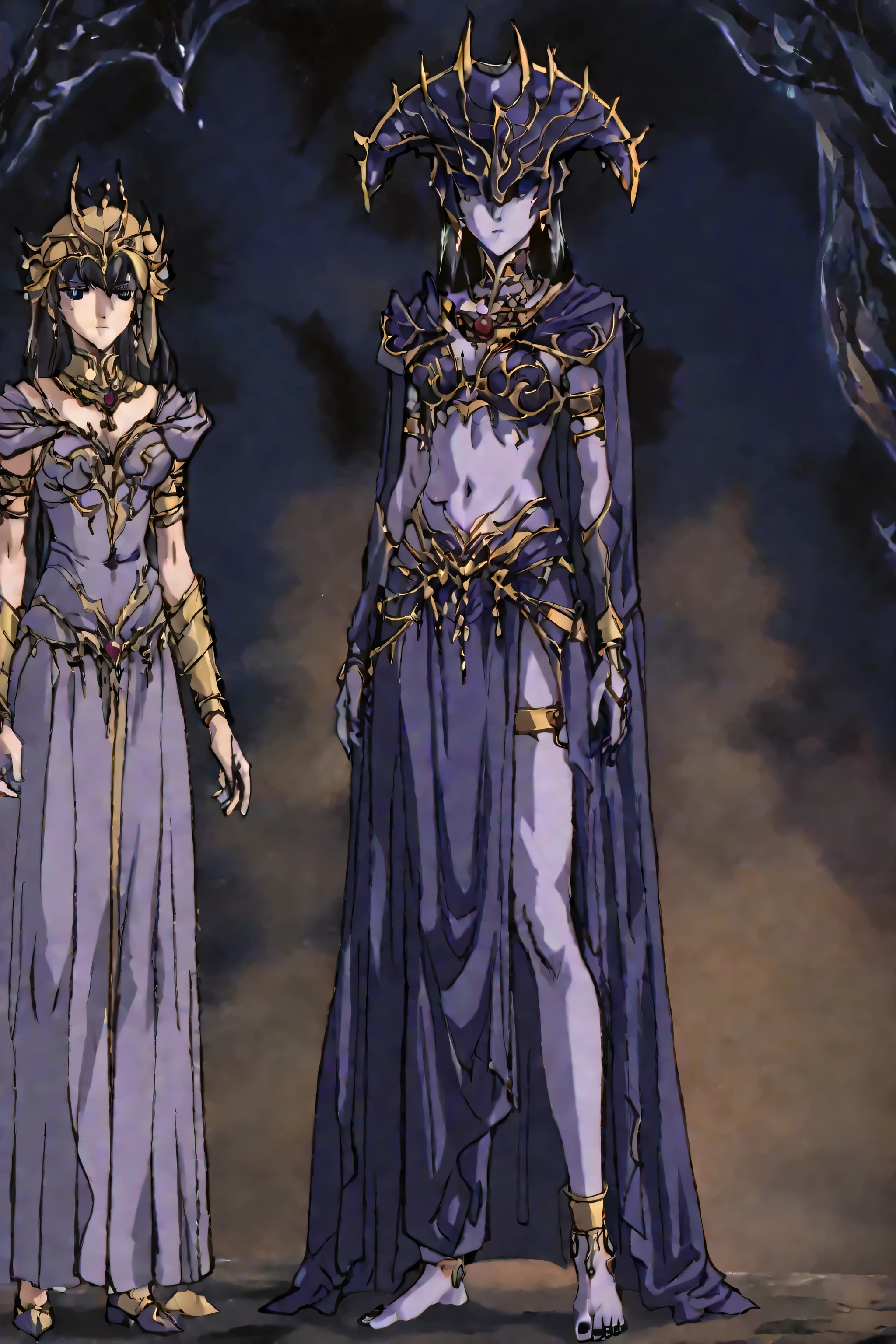 score_9, score_8_up, score_7_up, score_6_up, score_5_up, score_4_up, masterpiece, highres, absurdres, newest, best quality, rolstyle, 1woman, adult woman, 30years old, female focus, fantasy anime 1990s style, long black hair, Helmet, eyes covered, shar, helmet, shar \(baldurs gate\), goddes shar, colored skin, light-purple skin, eyes covered by the helmet, dark-purple dress with golden details, dark-purple nails, purple cloak, bare arms, emotionless, serius expression, looking at the viewer, walking from the darkness of shadows in to a dream-like space, solo focus, no other people, complete figure, perfect anathomy, goddess, darkness theme, barefoot, perfect feet, legs, bare feet, perfect anathomy, crown, jewelry, earrings, dark, darkness, dark background,