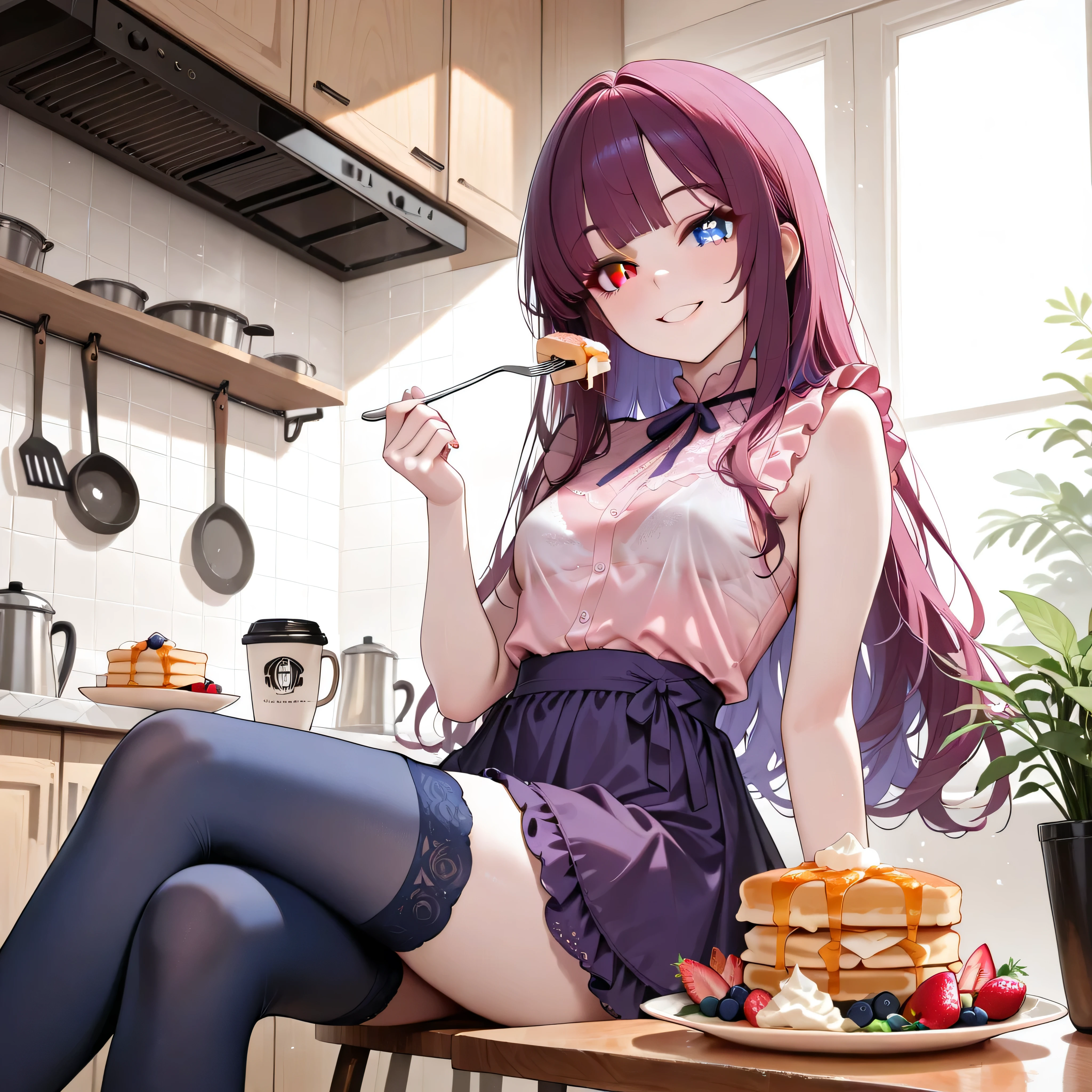 (H((Highest quality, 8K, highest resolution, masterpiece, ultra-realistic)), ((Bra visible through clothes)), ((Heterochromia, red eyes, blue eyes)), ((Sparkling and detailed eyes)), ((Crystal-like eyes)), (Long wavy platinum and purple hair), Hime cut, ((Translucent white skin)), Shining skin, Pure white skin, ((Very beautiful features, Well-defined features)), ((Small breasts)), ((Anatomically accurate depiction)), ((Detailed depiction of five fingers and fingertips), ((Wearing a coral pink silk sleeveless blouse with a delicate lace pattern), ((Wearing a vermilion bra with a delicate lace pattern), (Bra visible through clothes), (Transparency ), (purple ruffled skirt), (navy blue knee-high stockings), ((sitting in the dining kitchen at home eating pancakes smothered in whipped cream and maple syrup with a fork)), ((eating pancakes smothered in whipped cream and maple syrup with a fork)), ((detailed description of three stacked pancakes with finely chopped pineapple and blueberries sandwiched between each one, drizzled with whipped cream, strawberries and smothered in maple syrup)), ((coffee cup)), salad bowl, smiling face, beautiful dining kitchen interior, cinematic lighting