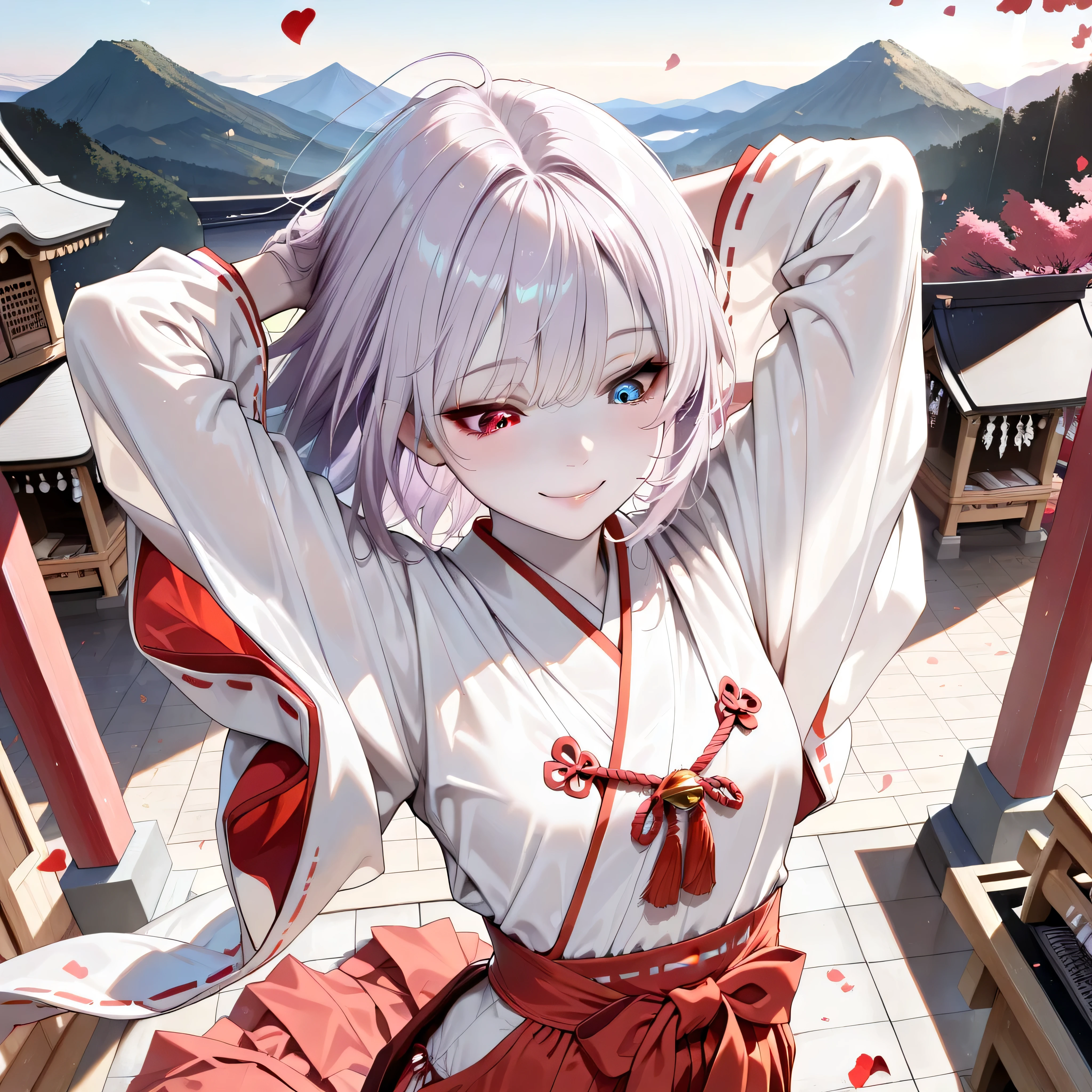 ((Top quality, super detailed, masterpiece, wallpaper, super realistic, highest photo resolution, 8K)), ((Many dogwood petals dancing in the wind)), ((Heterochromia , red eyes, blue eyes)), (Best portrait), ((Sparkling and detailed eyes)), ((Wearing a shrine maiden outfit and long red hakama)), ((Human shrine maiden with odd eyes)), ((Heterochromia, red eyes, blue eyes)), ((Exquisitely detailed eyes)), ((Crystal-like eyes)), (Very detailed face), (Long silver and purple hair), ((Anatomically accurate depiction)), ((Detailed depiction down to the fingertips)), (One girl), (Solo), (Narrow eyes, pale cheeks, glowing skin, glossy lips, face lighting), ((Translucent white skin)), (Standing posture: 1.0), (small breasts), slim body, (thin thighs), (thin waist), ((wearing a shrine maiden outfit and stretching)), ((with hands behind head)), ((bathing in the morning sun on the mountaintop of the shrine, stretching with hands behind head)), ((shrine outfit), shrine maiden), ((wearing long red hakama)), ((shrine maiden's sokutai)), ((bright smile)), (shrine maiden outfit), (long sleeves), (long hakama: 1.2), (countless dogwood petals dancing in the wind), ((hair blowing in the wind)), ((from above, upper body, looking down)), (mountaintop where the inner shrine of the shrine is located), bathing in the morning sun, ((stretching)),