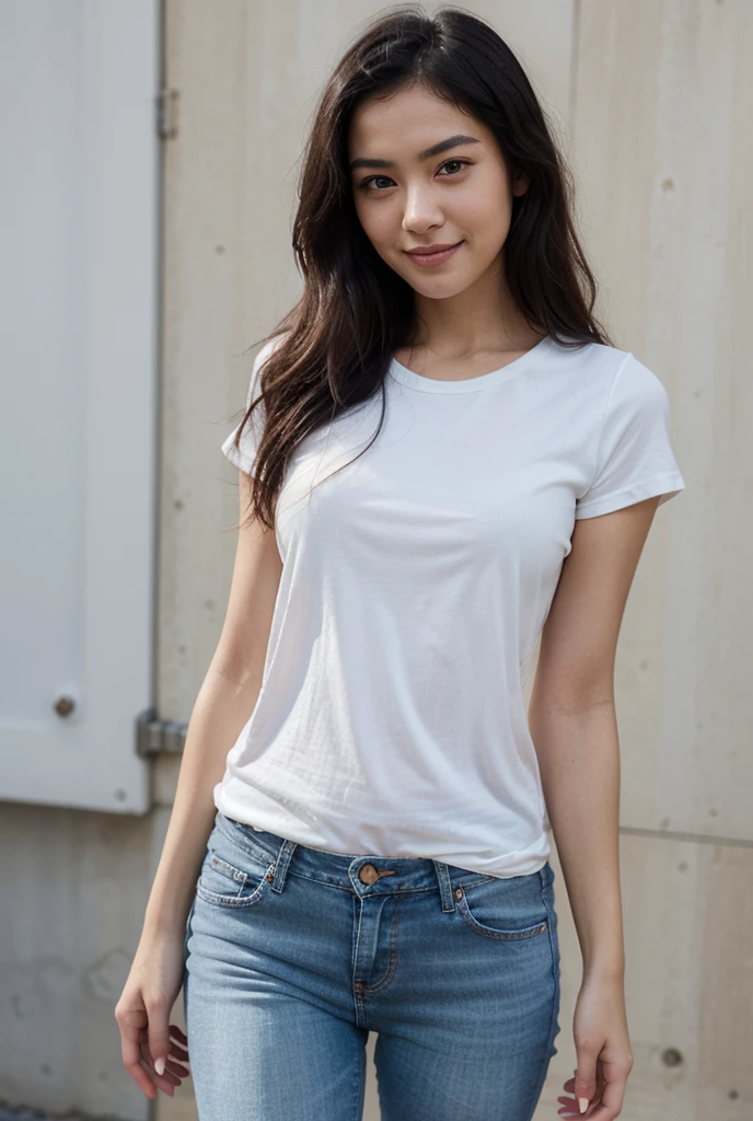 (A hyper-realistic), (Ultra High Resolution), (8K), (Very detailed), (Best Quality), (ultra-detailliert), (masutepiece), (Wallpaper),Photo, Realistic, (Photorealistic: 1.0), Raw photo, Deep masterpiece,
Live Action - (Realistic lighting, of the highest quality, 8K, masutepiece: 1.3)), Clear focus: 1.2, (plein air, Night: 1.1), Sharp Focus, Cinematic lighting,
Canon EOS R5, 50 millimeters,
Whitened skin, Fine eyes,Smiling, Ultra Fine Makeup,Detailed brown hair, Long hair, deepshadow, lowkey, thin waist, Woman,
small , Detailed skin texture, thighs are exaggerated, petite figure, flat , (skinny and fit body:1.3), Thigh gap,
realistic glistening skin,white short sleeves T-shirt,
jeans,, Hands on the head,
absurderes, No ,
Solo, Woman, 1 girl, (20 y.o),
White background,