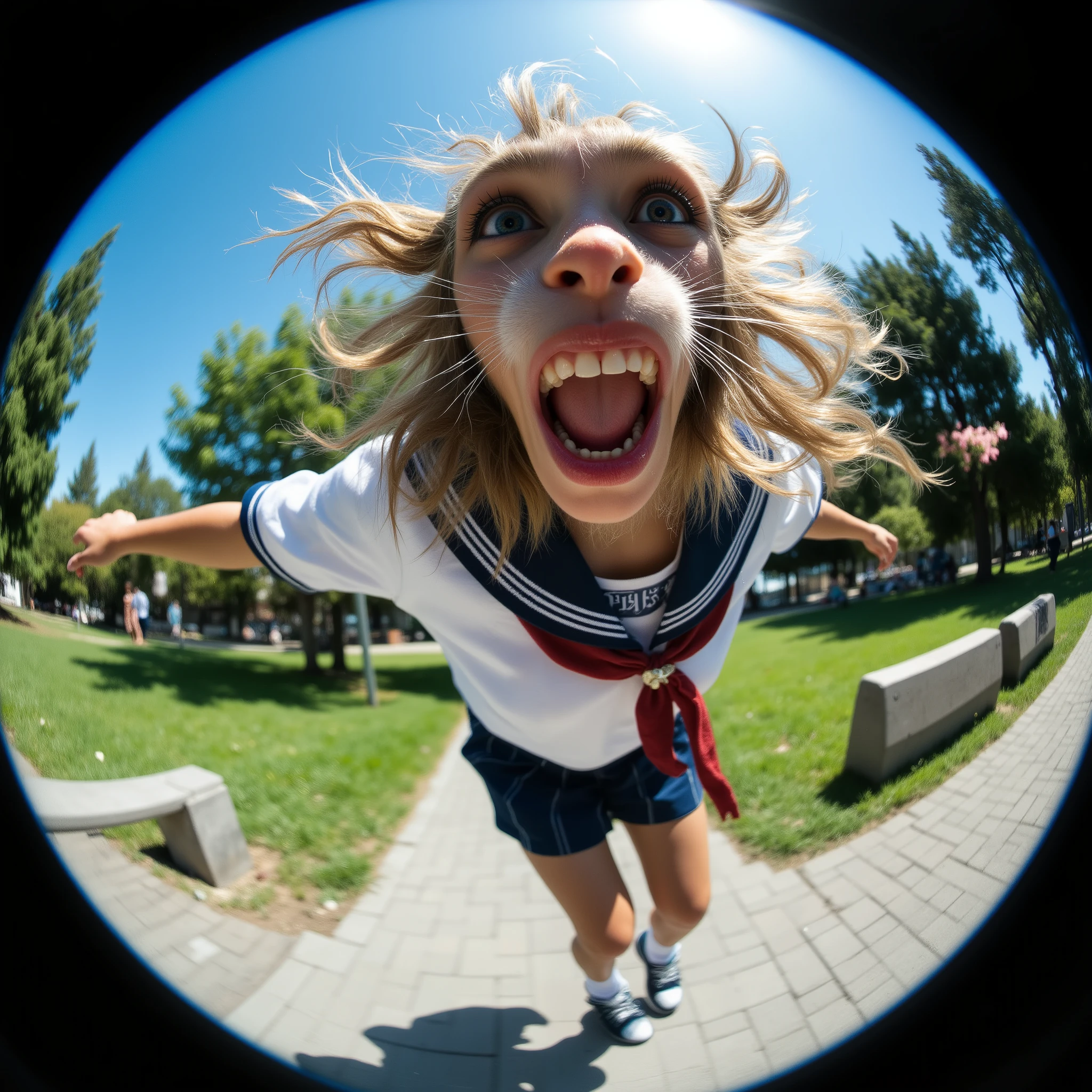 An Capuchin monkey performing parkour in a park on a summer afternoon, wearing a white and navy sailor middle-school uniform, mid-air leap over benches and bars, her skirt and hair flowing in the wind, sunlight glinting on her skin and hair, sweat sparkling, kids below watching in awe. captured with a fisheye lens, dynamic wide-angle distortion, cinematic composition, blue sky, green grass, realistic lighting and texture, photo-realistic, 8k DSLR photography, shallow depth of field, natural colors, summer atmosphere. realistic portrait, night, cute girl making a funny face, close-up, entire face visible, strong eye focus, wide angle distortion, security camera POV, warped perspective, playful expression, detailed skin texture, natural lighting, high resolution, humorous yet charming atmosphere, by Fisheye lens-style, Extreme Wide-Angle, Perspective Intensification, Dynamic Perspective, Edge Stretch