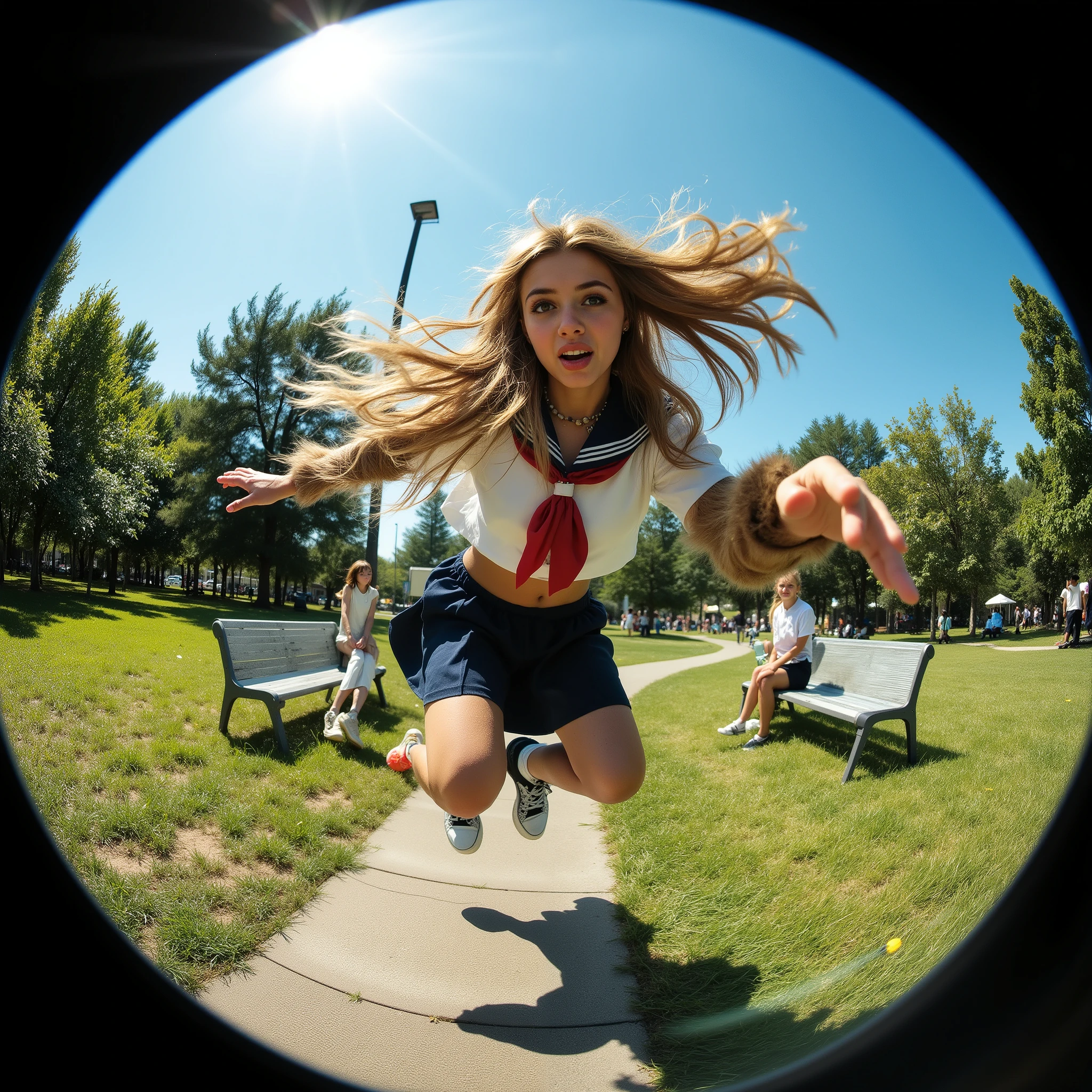 An Capuchin monkey performing parkour in a park on a summer afternoon, wearing a white and navy sailor middle-school uniform, mid-air leap over benches and bars, her skirt and hair flowing in the wind, sunlight glinting on her skin and hair, sweat sparkling, kids below watching in awe. captured with a fisheye lens, dynamic wide-angle distortion, cinematic composition, blue sky, green grass, realistic lighting and texture, photo-realistic, 8k DSLR photography, shallow depth of field, natural colors, summer atmosphere. realistic portrait, night, cute girl making a funny face, close-up, entire face visible, strong eye focus, wide angle distortion, security camera POV, warped perspective, playful expression, detailed skin texture, natural lighting, high resolution, humorous yet charming atmosphere, by Fisheye lens-style, Extreme Wide-Angle, Perspective Intensification, Dynamic Perspective, Edge Stretch