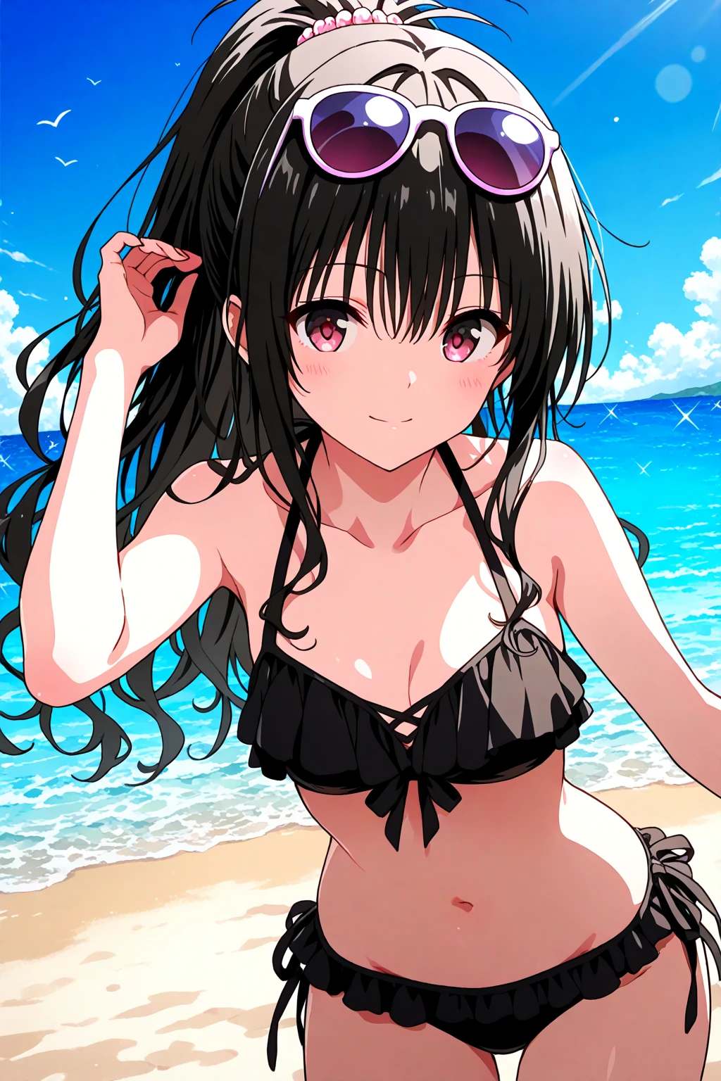 mahoro, 1girl, black hair, twintails, bangs, long hair, pink eyes, (purple bikini), hands on own chin, :o, open mouth, outdoors, beach, palm, ocean, stone wall,blush/,cowboy shot,(best quality, masterpiece) <lora:mahoro_v1_1:1>