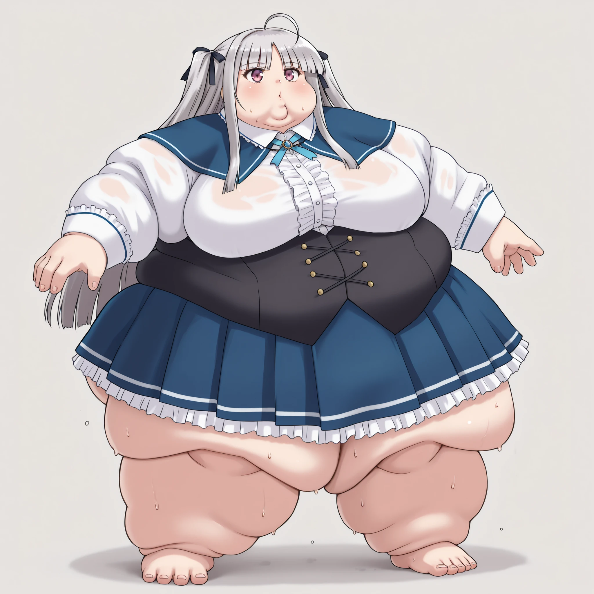 Julie Sigtuna,ahoge,very long hair,grey hair,black hair ribbon,two side up,sidelocks,blunt bangs,fuchsia eyes,blue capelet,neck ribbon,blue ribbon,white shirt,center frills,long sleeves,black corset,buttons,blue skirt,pleated skirt,frills, blank_stare, empty_stare,  fat, chubby, obese, gigantic arms and legs, large breasts, sweating, wet body, swollen face, Fat_neck , Fat head , eyes with crushed cheeks , nose with crushed cheeks , mouth with crushed cheeks , chin roll,
only head, large head, oversized limbs, large hands, large feet, oversized feet, oversized fingers, big lips, plump lips, fat face, fupa, big fupa, fat fupa, 