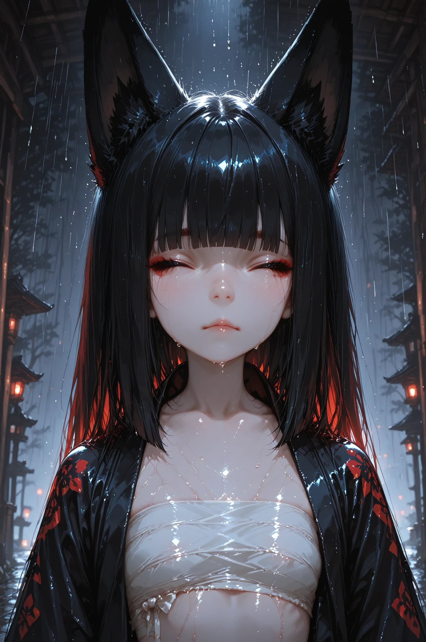glass shards, reflection, broken glass,<Akakitsune>, fox_ears, red_eyes, long_black_hair, blunt_bangs, white_sarashi_top, japanese_open_clothes, upper body, front view, dark background, (masterpiece:1.3, 8k:1.3, highest quality:1.3, detail:1.3, high resolution:1.3, dramatic lighting:1.2, ultra detailed)