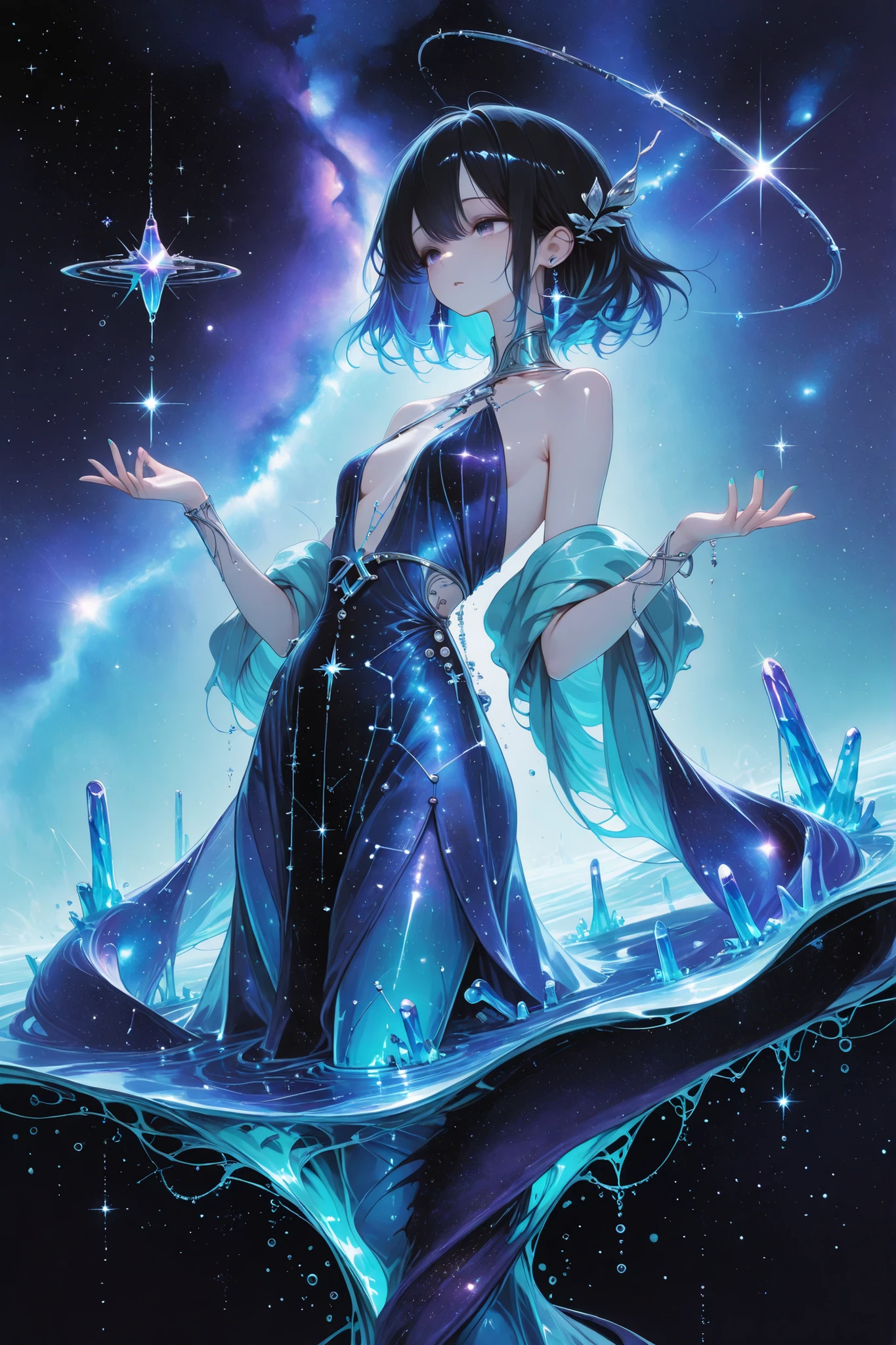 (masterpiece, Highest Quality, ultra-detailed anime-style digital painting),  
A beautiful girl who embodies the constellation Aquarius, Graceful ethereal,  
((the body is rolled up and floated in the air:1.23))、
long black hair with sparkling silver-blue highlights, wears an elegant heavenly gown with layers of crystal clear aqua and deep indigo,
The liquid changes to a stream of light and stardust drifts around the girl,  
quiet and mystical expression, Thin open eyes, eyes reflecting the galaxy,  
  
Background: A vast starry sky and constellations, 
fantastic atmosphere, mystical elegance, 
no text, No watermark