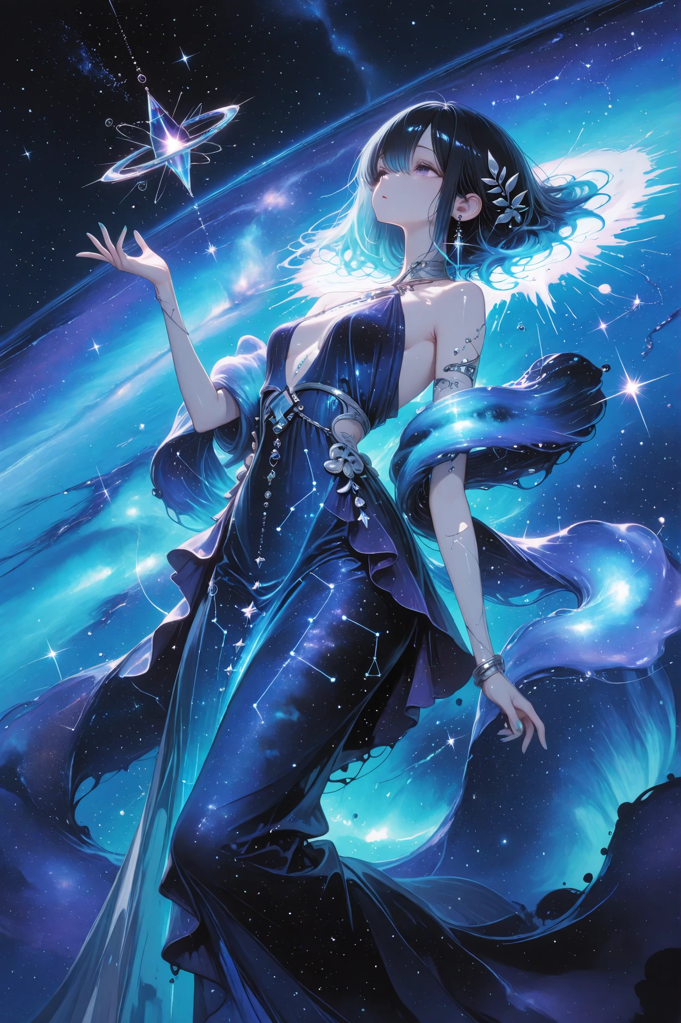 (masterpiece, Highest Quality, ultra-detailed anime-style digital painting),  
A beautiful girl who embodies the constellation Aquarius, Graceful ethereal,  
((the body is rolled up and floated in the air:1.23))、
long black hair with sparkling silver-blue highlights, wears an elegant heavenly gown with layers of crystal clear aqua and deep indigo,
The liquid changes to a stream of light and stardust drifts around the girl,  
quiet and mystical expression, Thin open eyes, eyes reflecting the galaxy,  
  
Background: A vast starry sky and constellations, 
fantastic atmosphere, mystical elegance, 
no text, No watermark