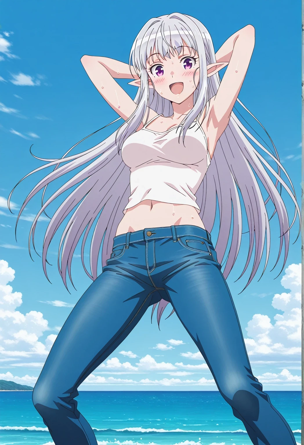 score_9, score_8_up, score_7_up, source_anime, highres, hi res, ((best quality, top quality, perfect quality, Highest Quality, amazing quality)), {{masterpiece}}, {{an extremely delicate and beautiful}}, 2d, intricate details, official style, anime, 8k, anime style, official_anime, official art, digital painting, cell shading, soft shading, high resolution, soothing tones, Subdued Color, Soft cinematic light, adobe lightroom, photolab, HDR, intricately and hyper-detailed, ((high quality animation)), 1 girl, Alone, solo, ((ocean)), tsunami, on the water, day, sunny, outdoors, sky, windy, mariabelle, long hair, very long hair, purple eyes, white hair, grey hair, pointy ears, elf, anime screencap, medium breasts, white camisole top, crop top, white crop top, best quality, hyper-detailed jeans, ((blue jeans:1.9)), (dark blue jeans:0.6), full medium body, medium shot, Open mouth, smiling, happy face, blush, sweat, standing, ((arms behind head:6.0)), bowlegged, jumping pose, action, looking at viewer, spread legs, Bend knees slightly, straight-on front view