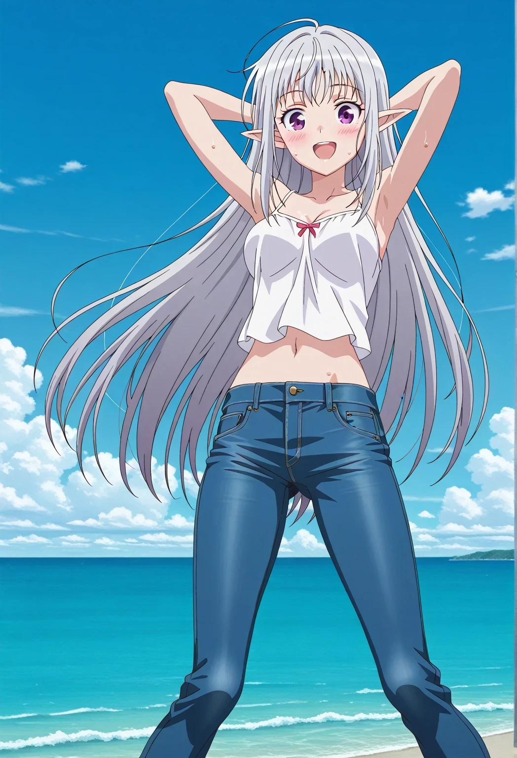 score_9, score_8_up, score_7_up, source_anime, highres, hi res, ((best quality, top quality, perfect quality, Highest Quality, amazing quality)), {{masterpiece}}, {{an extremely delicate and beautiful}}, 2d, intricate details, official style, anime, 8k, anime style, official_anime, official art, digital painting, cell shading, soft shading, high resolution, soothing tones, Subdued Color, Soft cinematic light, adobe lightroom, photolab, HDR, intricately and hyper-detailed, ((high quality animation)), 1 girl, Alone, solo, ((ocean)), tsunami, on the water, day, sunny, outdoors, sky, windy, mariabelle, long hair, very long hair, purple eyes, white hair, grey hair, pointy ears, elf, anime screencap, medium breasts, white camisole top, crop top, white crop top, best quality, hyper-detailed jeans, ((blue jeans:1.9)), (dark blue jeans:0.6), full medium body, medium shot, Open mouth, smiling, happy face, blush, sweat, standing, ((arms behind head:6.0)), bowlegged, jumping pose, action, looking at viewer, spread legs, Bend knees slightly, straight-on front view