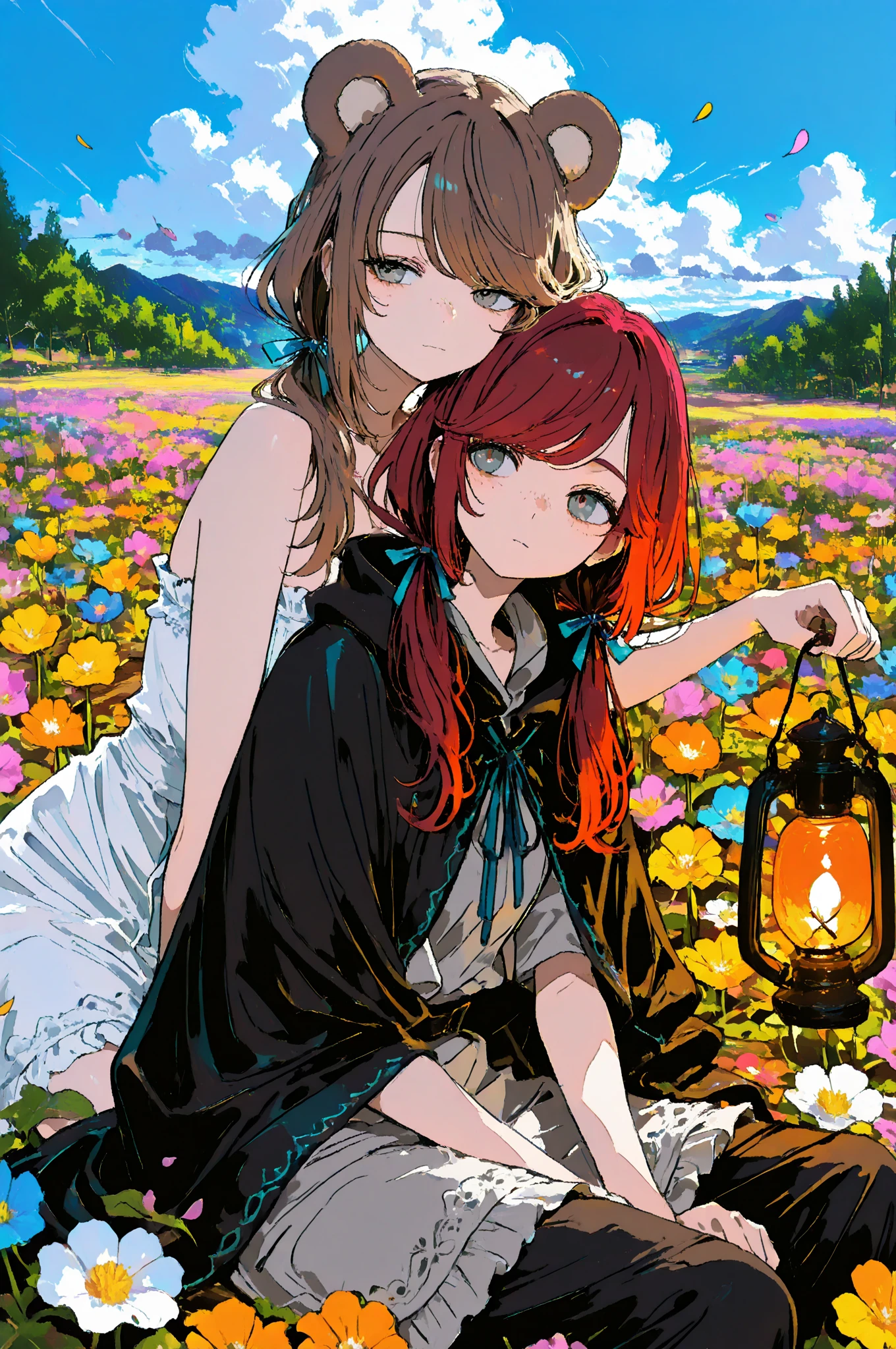 Highest Quality, masterpiece, Super Precise Depiction
【1st person】 tattered cloak, black cloak, glowing lantern, lantern, black trousers, hair ribbons, gray shirt, white frill trim, strapless sleeveless shirt, stoic, swept bangs, low twin tails, long hair, dark red hair, gray eyes,dramatic composition with ink splatter effects, manga style with explosive effect,dramatic lighting,
【Second Person】brown hair, Fluffy Bear Ears, braids, freckles, White Dress, blue ribbon
【situations】sitting side by side in a flower garden, shoulder to shoulder, expression staring into the distance
【environment】colorful flower garden, Arranged flower bed, soft sunshine, Garden view , blue sky and white clouds, Calm spring day
【details】pastel flowers々, petals dancing in the wind, dress flutters in the wind, blue ribbonが髪を飾る, well-maintained gardening landscape
【vibe】Comfortable natural light, Calm Expression, Quiet Time, 落ち着いたvibe, Two people in a beautiful garden