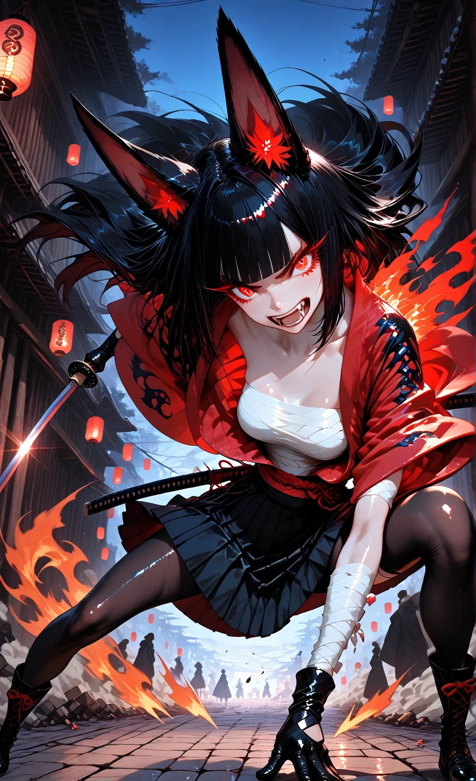 masterpiece, 8k, Highest Quality, detail, high resolution, Digital Painting, anime style portrait, vertical 9:16 composition, ultra-cute kawaii overload, , fluffy fox_ears twitching with pink fluff/sparkles, big sparkling red_eyes with heart highlights (highly detailed eyes:1.4), glossy dewy eyes, long_wavy_black_hair with curls/shine, blunt_bangs, pale skin with rosy puffed cheeks (smooth shiny skin:1.3), (shapely petite figure:1.2), frilly white blouse/oversized pink bow, short pleated navy skirt, thigh-high lace socks, mary janes, heart bag, bashful-to-joyful expression with toothy grin/tiny fang, heavy blush, fidgeting hands, chibi proportions. New Sea Makoto style: cherry blossom avenue at dawn, swirling pink petals in breeze, sunlight rays/rainbow sparkles, glowing school, dreamy god rays/light motes. 10s animation: 0-3s bashful pause, hands brush ear-hair up in fluff-mo, ears perk/shake, eyes widen to heart-sparkle, giggle curve; 3-7s bouncy skip-walk, skirt spin/hair waves/petal tangle, ears flop, bag swing/wink; 7-10s mini-jump to gate, arms hug-pose, heart petal vortex, ecstatic laugh freeze, pink fade. Fluid motion/sakura trails, exaggerated cute physics, pastel pink palette, bouncy chibi .

