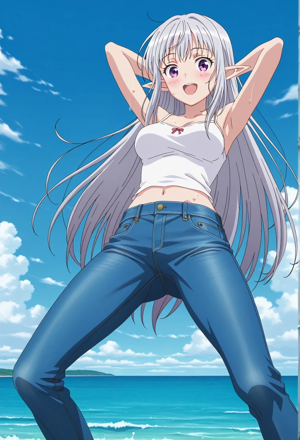 score_9, score_8_up, score_7_up, source_anime, highres, hi res, ((best quality, top quality, perfect quality, Highest Quality, amazing quality)), {{masterpiece}}, {{an extremely delicate and beautiful}}, 2d, intricate details, official style, anime, 8k, anime style, official_anime, official art, digital painting, cell shading, soft shading, high resolution, soothing tones, Subdued Color, Soft cinematic light, adobe lightroom, photolab, HDR, intricately and hyper-detailed, ((high quality animation)), 1 girl, Alone, solo, ((ocean)), tsunami, on the water, day, sunny, outdoors, sky, windy, mariabelle, long hair, very long hair, purple eyes, white hair, grey hair, pointy ears, elf, anime screencap, medium breasts, white camisole top, crop top, white crop top, best quality, hyper-detailed jeans, ((blue jeans:1.9)), (dark blue jeans:0.6), full medium body, medium shot, Open mouth, smiling, happy face, blush, sweat, standing, ((arms behind head:6.0)), bowlegged, jumping pose, action, looking at viewer, spread legs, Bend knees slightly, straight-on front view