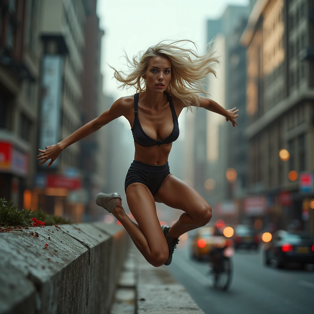 ultra photo-realistic wide low angle full body side shot of a seductive blonde young adult female freerunner jumping over a low wall in a busy city. She has a playfull and seductive look in her eyes. She wears a tight fitting revealing blow cut tank top with deep cleavage for her large breasts, very high cut skin tight spandex shorts showing her hass cheeks. The scene exuberates the feeling of freedom and athleticism. Professional photography, bokeh, white ambient lighting, intricate and elaborate details
