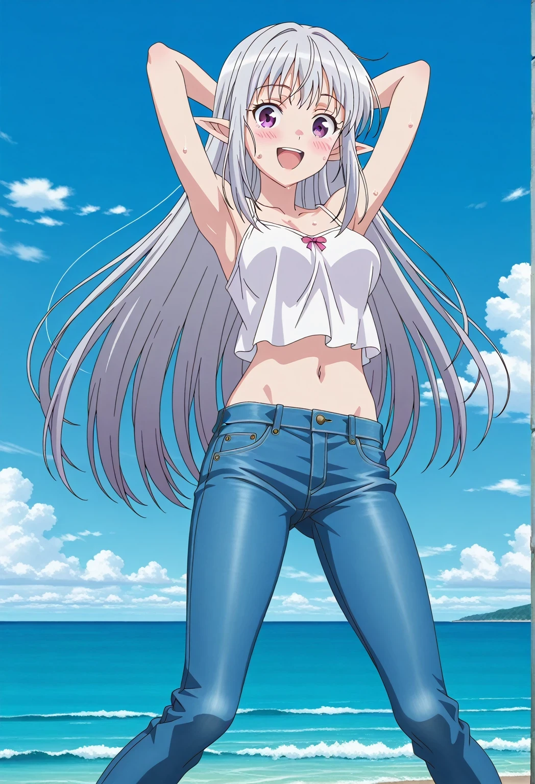 score_9, score_8_up, score_7_up, source_anime, highres, hi res, ((best quality, top quality, perfect quality, Highest Quality, amazing quality)), {{masterpiece}}, {{an extremely delicate and beautiful}}, 2d, intricate details, official style, anime, 8k, anime style, official_anime, official art, digital painting, cell shading, soft shading, high resolution, soothing tones, Subdued Color, Soft cinematic light, adobe lightroom, photolab, HDR, intricately and hyper-detailed, ((high quality animation)), 1 girl, Alone, solo, ((ocean)), tsunami, on the water, day, sunny, outdoors, sky, windy, mariabelle, long hair, very long hair, purple eyes, white hair, grey hair, pointy ears, elf, anime screencap, medium breasts, white camisole top, crop top, white crop top, best quality, hyper-detailed jeans, ((blue jeans:1.9)), (dark blue jeans:0.6), full medium body, medium shot, Open mouth, smiling, happy face, blush, sweat, standing, ((arms behind head:6.0)), bowlegged, jumping pose, action, looking at viewer, spread legs, Bend knees slightly, straight-on front view