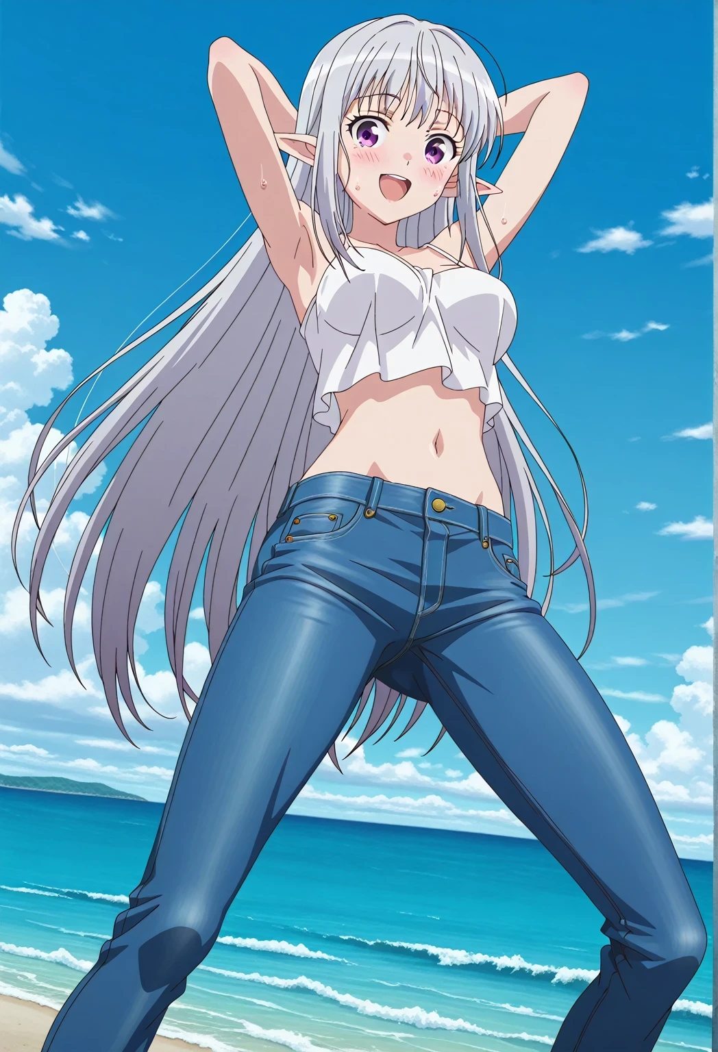 score_9, score_8_up, score_7_up, source_anime, highres, hi res, ((best quality, top quality, perfect quality, Highest Quality, amazing quality)), {{masterpiece}}, {{an extremely delicate and beautiful}}, 2d, intricate details, official style, anime, 8k, anime style, official_anime, official art, digital painting, cell shading, soft shading, high resolution, soothing tones, Subdued Color, Soft cinematic light, adobe lightroom, photolab, HDR, intricately and hyper-detailed, ((high quality animation)), 1 girl, Alone, solo, ((ocean)), tsunami, on the water, day, sunny, outdoors, sky, windy, mariabelle, long hair, very long hair, purple eyes, white hair, grey hair, pointy ears, elf, middle school student, anime screencap, medium breasts, white camisole top, crop top, white crop top, best quality, hyper-detailed jeans, ((blue jeans:1.9)), (dark blue jeans:0.6), full medium body, medium shot, Open mouth, smiling, happy face, blush, sweat, standing, ((arms behind head:6.0)), bowlegged, jumping pose, action, looking at viewer, spread legs, Bend knees slightly, straight-on front view