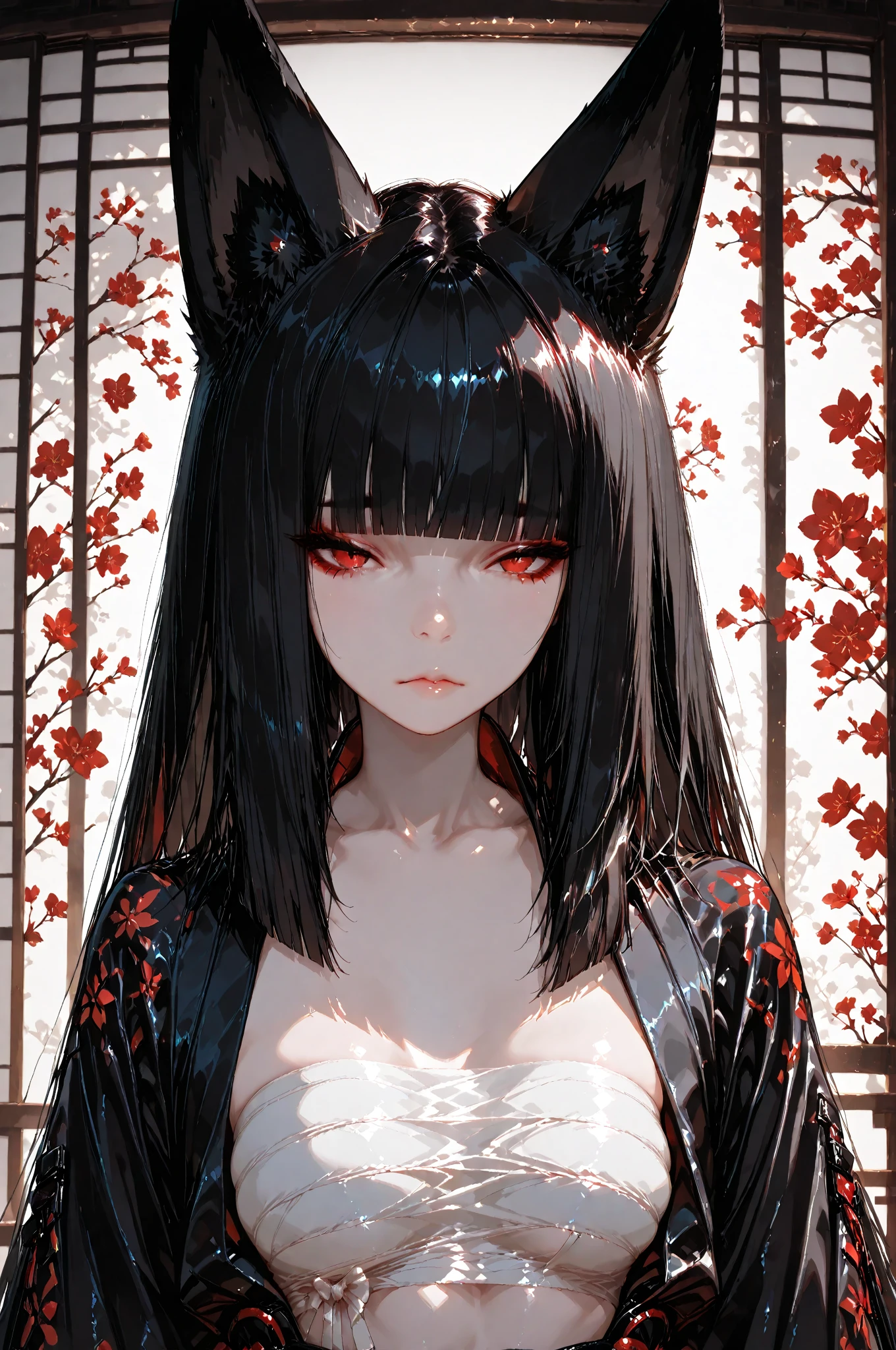 glass shards, reflection, broken glass,<Akakitsune>, fox_ears, red_eyes, long_black_hair, blunt_bangs, white_sarashi_top, japanese_open_clothes, upper body, front view, dark background, (masterpiece:1.3, 8k:1.3, highest quality:1.3, detail:1.3, high resolution:1.3, dramatic lighting:1.2, ultra detailed)