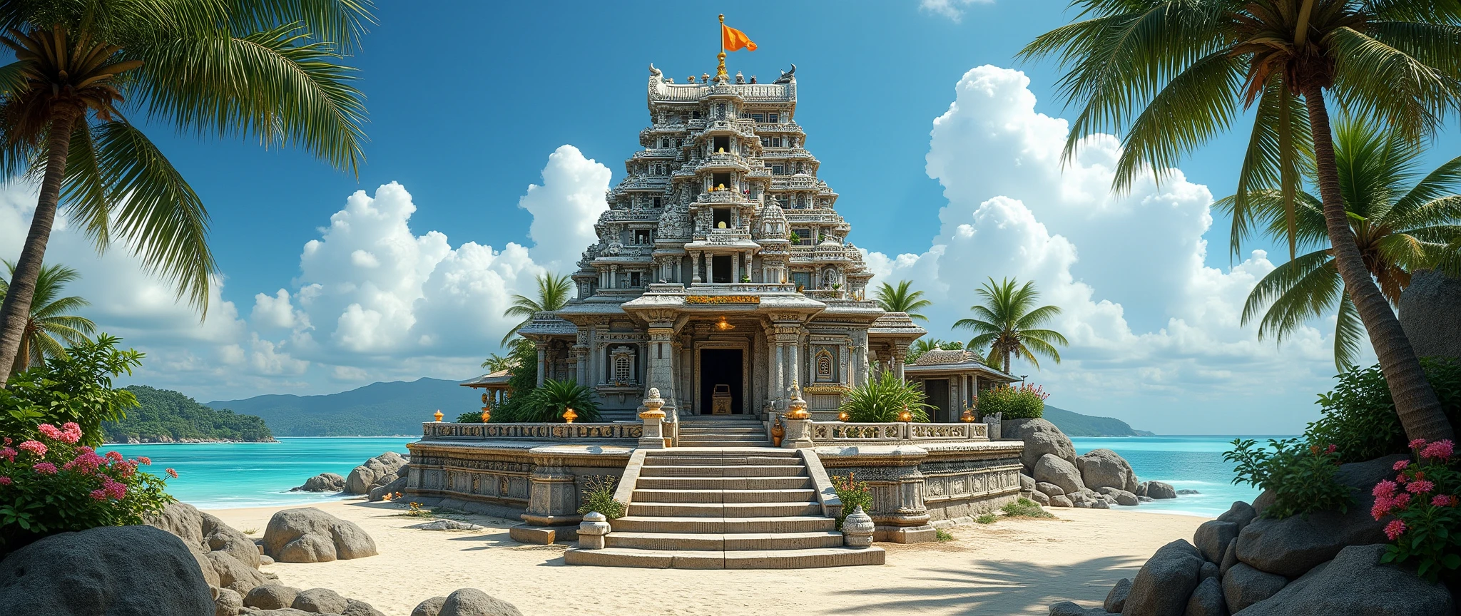 Ultra-realistic cinematic front view of a majestic South Indian Hindu temple on a tropical island. The temple is positioned front and center, with the main gopuram facing directly toward the viewer, emphasizing its grandeur and intricate architectural details. The gopuram rises tall, adorned with detailed stone carvings of deities, mythological figures, sacred motifs, and ornamental patterns, each sharply visible.
Stone steps lead straight to the temple entrance, lined with lit oil lamps, small flowering plants, and decorative pillars, enhancing the sacred, welcoming ambiance. A saffron flag flutters atop the gopuram, glowing in the sunlight against a clear blue sky. The temple walls and entrance display vivid carvings and colorful motifs, illuminated naturally by soft, even lighting that highlights textures and depth.
The surrounding environment includes lush tropical trees, flowering shrubs, and subtle rocky formations framing the temple, while turquoise waters and sandy beaches are visible in the background, slightly out of focus to maintain emphasis on the temple. Soft shadows and realistic lighting accentuate the reliefs, carvings, and structural details of the temple.
The perspective is directly frontal, slightly low-angle to emphasize height and grandeur, with a cinematic, professional photoshoot aesthetic. The atmosphere is serene, divine, and majestic, capturing the temple as the central spiritual and architectural focus of the scene.
No human figures — focus entirely on the temple, foreground steps, ornaments, and natural surroundings for a striking, ultra-realistic front portrait.
