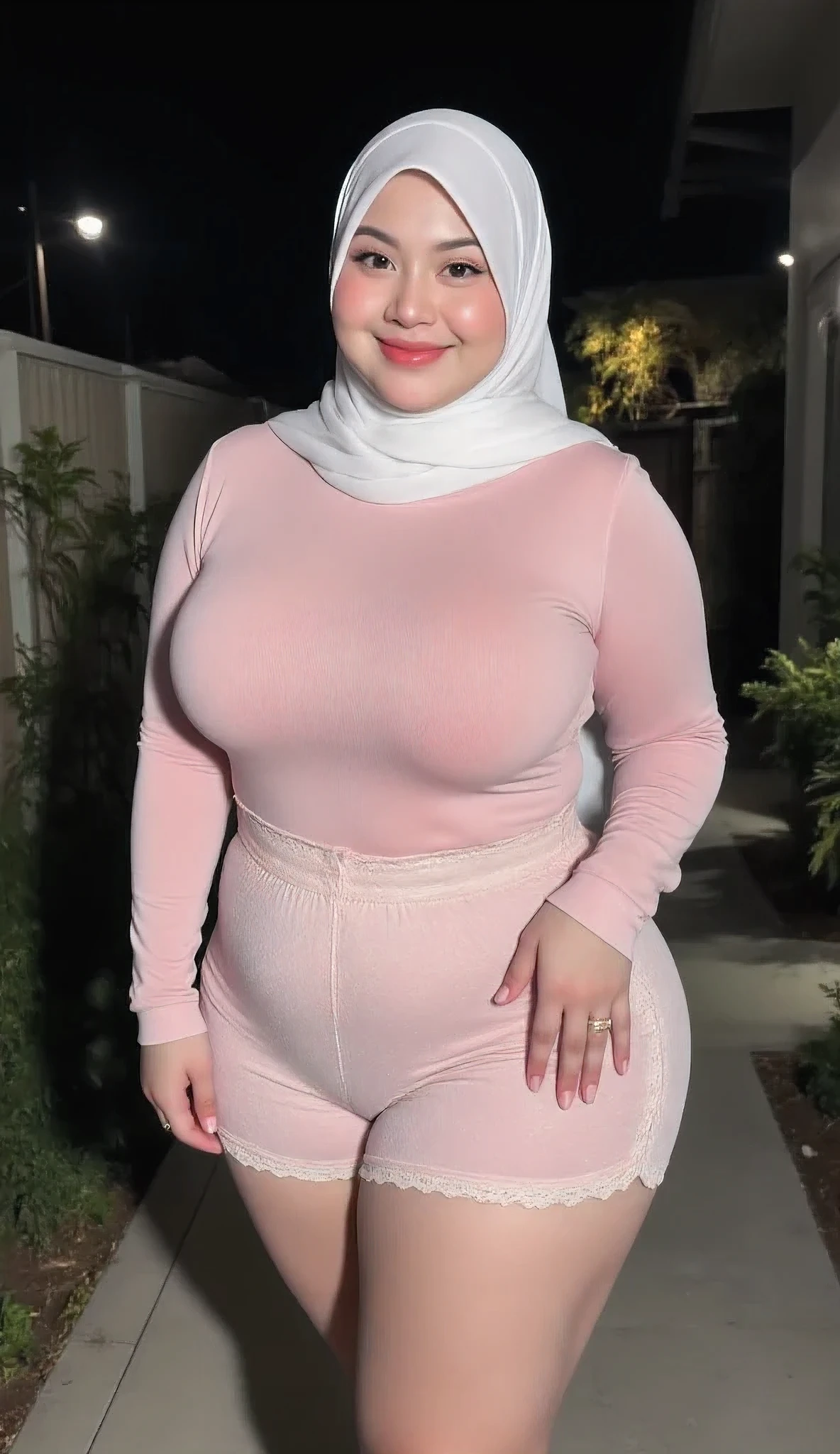 high detail very Beautiful Indonesian plus-size fat woman, beautiful body, so plump, so buxom, so chubby, so busty, perfect curves, round and huge breasts, huge and full thighs, very huge ass, round and full buttocks, high detail light smile, wearing a tight light pink long sleeve pajama shirt and wearing a tight light white scuba cutbray lace shorts, wearing a light white hijab, and wearing makeup and wearing ring accessories, look at camera, front garden background, at night, very low lighting, high quality sharp and clear details, (body details, face, eyes, lips, nose, mouth, hands, feet, fingers, nails), Ultra HD 8K Hyper Realistic, camera focuses on the entire body