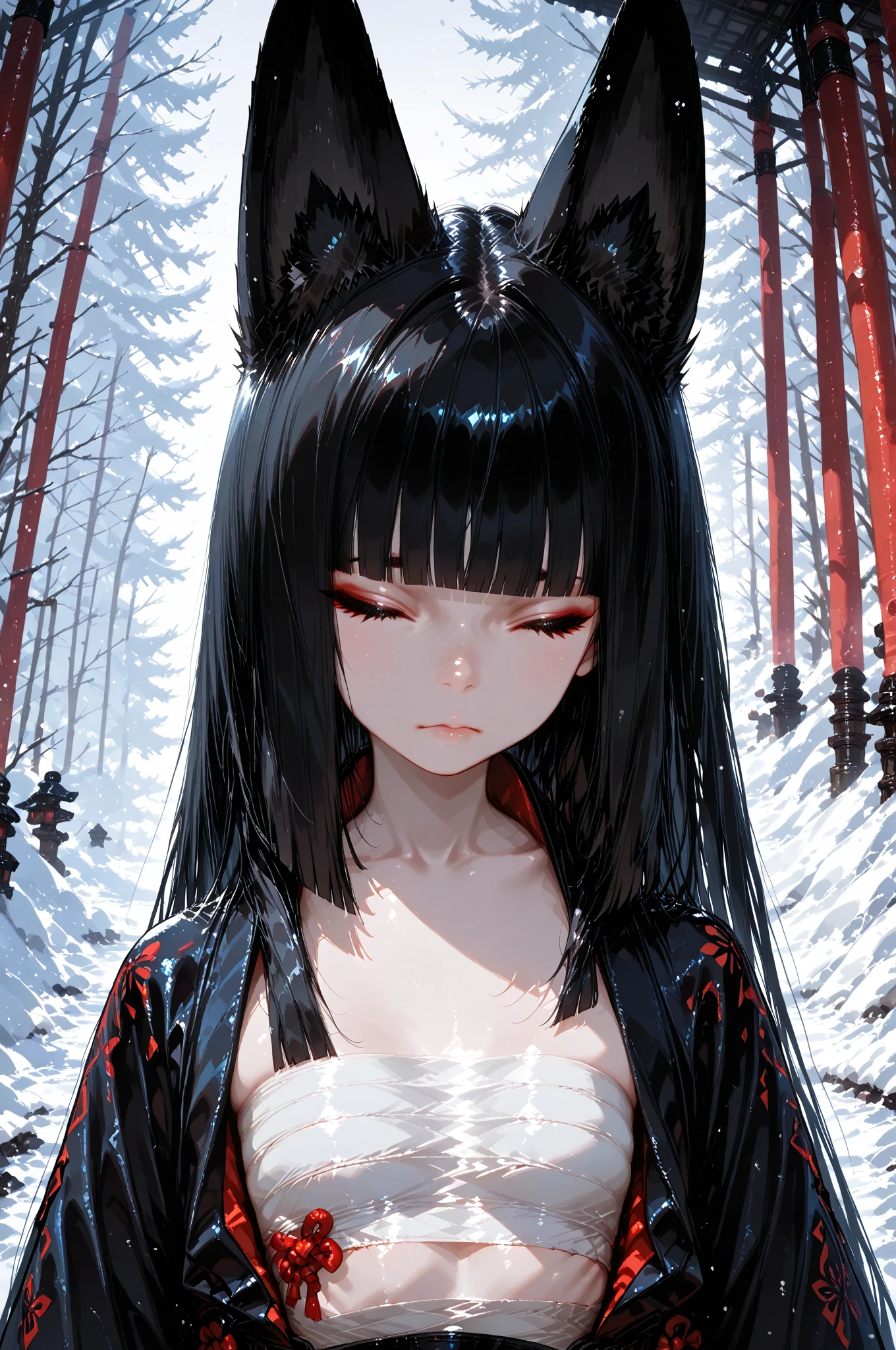 glass shards, reflection, broken glass,<Akakitsune>, fox_ears, red_eyes, long_black_hair, blunt_bangs, white_sarashi_top, japanese_open_clothes, upper body, front view, dark background, (masterpiece:1.3, 8k:1.3, highest quality:1.3, detail:1.3, high resolution:1.3, dramatic lighting:1.2, ultra detailed)