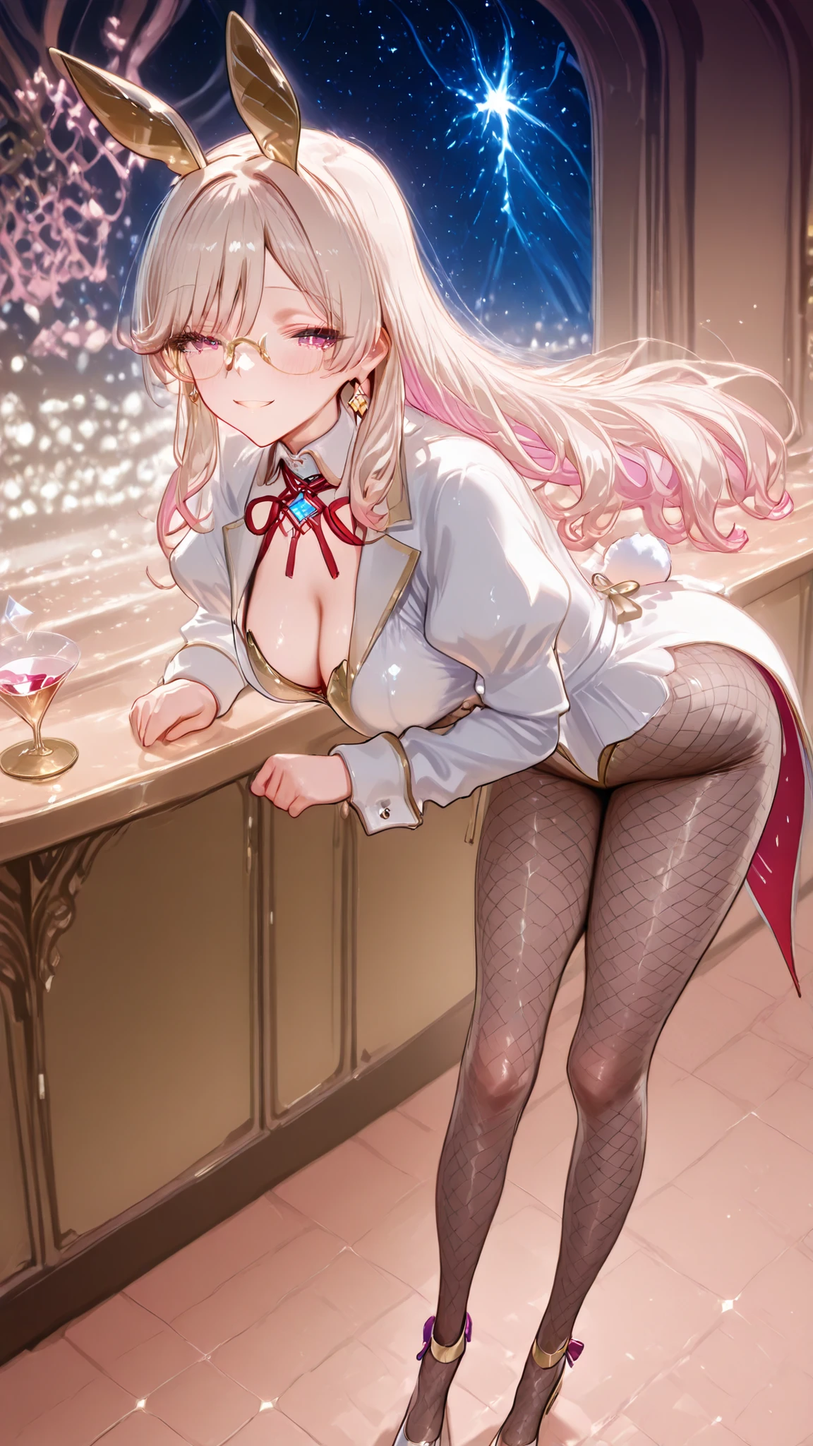 stylish bar、Elegant woman、(((red velvet bunny suit)))、(((white juliet sleeve tuxedo jacket、gold piping)))、WHITE BIG CUFFS AND LUXURIOUS CUFFLINKS、white little rabbit tail、big rabbit ears、Gold-rimmed glasses ,diamond earrings、Black Bow Tie、Gold and silver ornaments on the waist、fishnet tights、white stilettos、anklet、holding a silver tray with a cocktail on it、Crystal Chandelier、Sparkling Wind Blowing Marble Floor、stylish barカウンター 、Delicate expression of light、Shining Jewels、Noble Atmosphere、Luxury Home Decor、Night view、starry sky、exquisite detail、bright color、Crystal Glasses、high resolution、masterpiece、Highest Quality、score_9、score_8_up、source_anime、Gentle smile、looking at the viewer from the front、Posing in front of the counter、(((上半身のクローズup)))