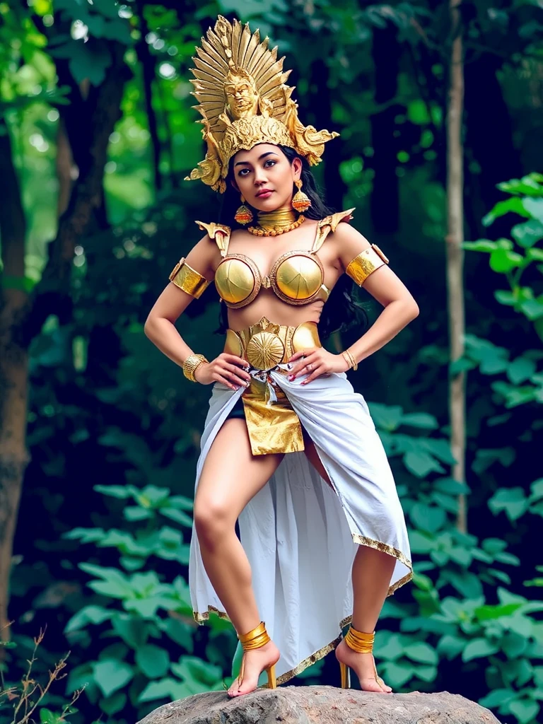 Female Khmer warrior, long black hair, dark brown tanned, Armour on, bangles, Angkor temple, full body, holding weapon,  tied hair up, crowd on the head, wearing jewelry, Sak yant tattoos on the arm, curvy body, wear green wrap sarong outfits, dark skinned, cute face, big lips, Diamond shape faces, wide nice nose, defined features on the face, apsara jewelry on, gold leaves jewelry, fighting at war