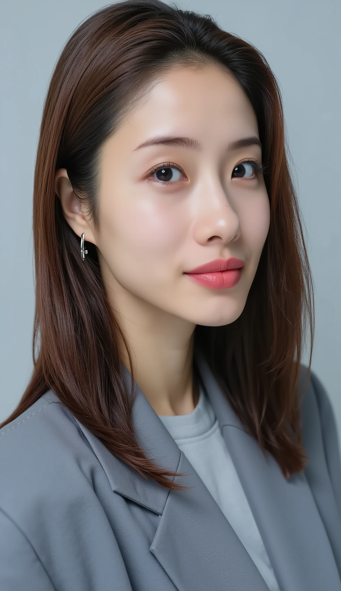 Neat Young Woman、looking at the camera、office lady suit、jacket、shirt、耳にピアス、ストレートショトヘア、薄い茶髪、無表情、、face close-up、The background is office
